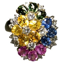 Nachlass 18K Multicolored Buff Top Saphir Diamant Floral Cocktail-Ring 7,20cttw