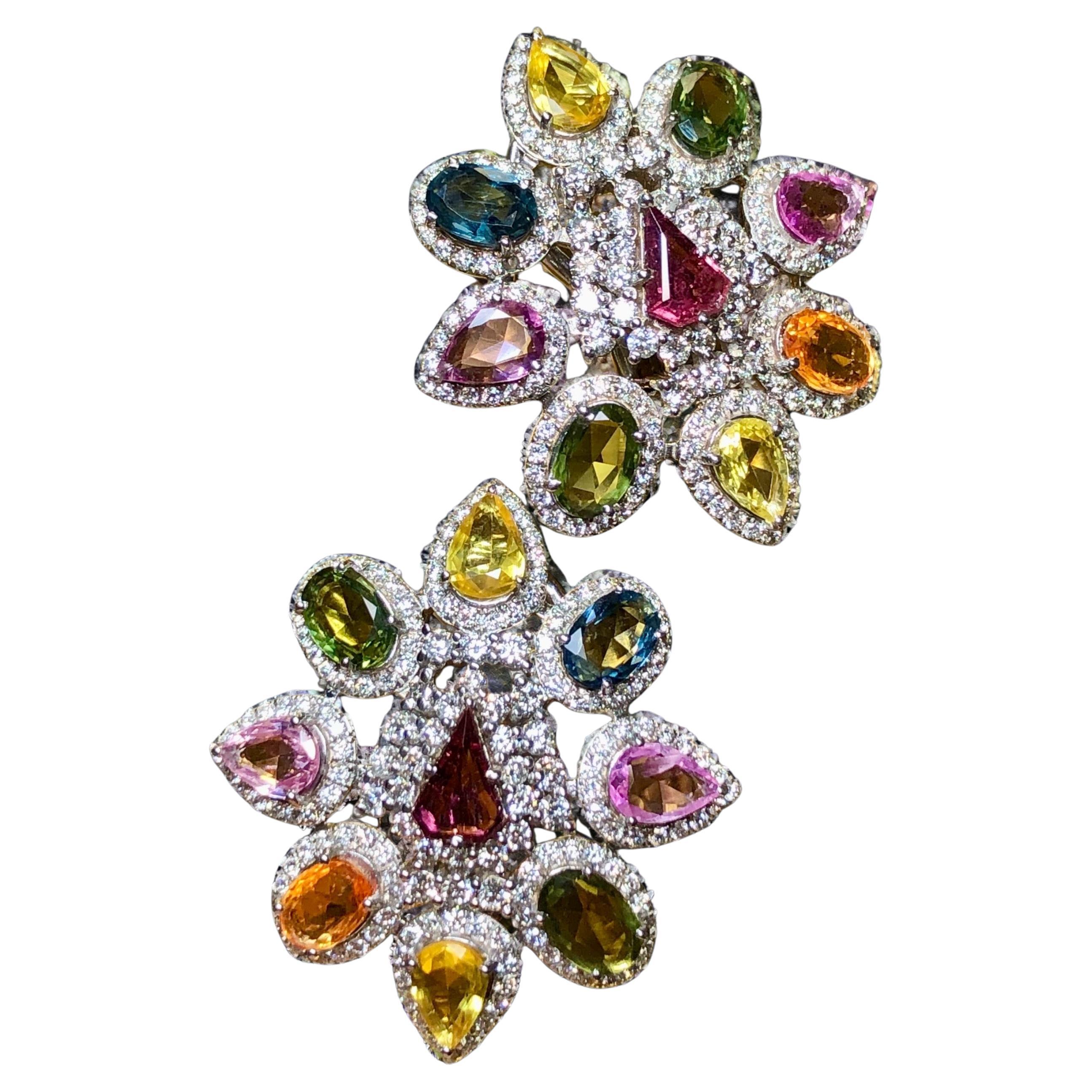 Estate 18K Multicolored Fancy Sapphire Diamond Omega Back Huggie Earrings 11cttw