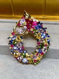 Estate 18K Multicolored Sapphire Ruby Fancy Shape Diamond Brooch Wreath Pendant