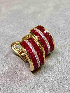Estate 18K Mystery Set Vivid Ruby Princess Diamond Huggie Earrings Omega Backs