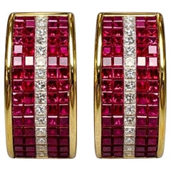 Estate 18K Mystery Set Vivid Ruby Princess Diamond Huggie Earrings Omega Backs