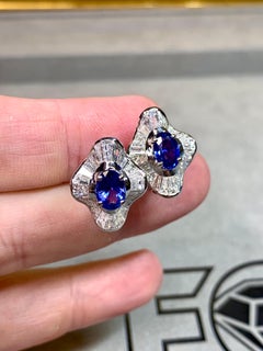 Estate 18K Oval Sapphire Baguette Diamond Huggie Ballerina Cocktail Earrings