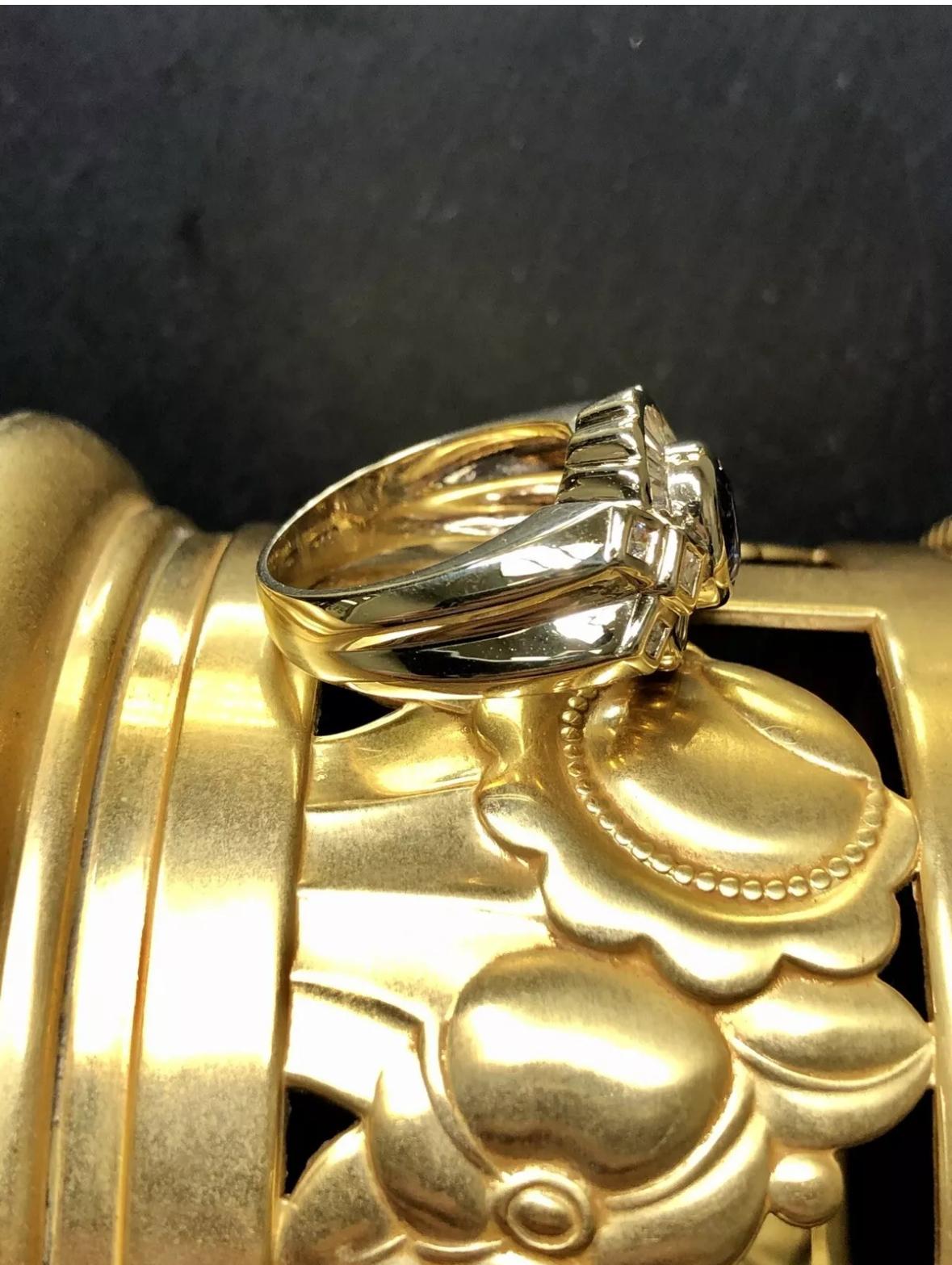 Contemporary Estate 18K Oval Sapphire Square Baguette Diamond Ring 2.40cttw Sz 6.5 For Sale