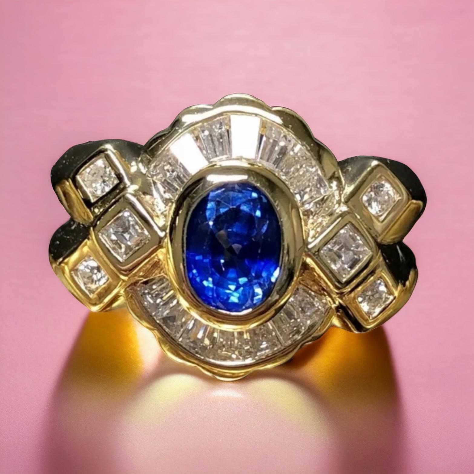 Estate 18K Oval Sapphire Square Baguette Diamond Ring 2.40cttw Sz 6.5 For Sale 2