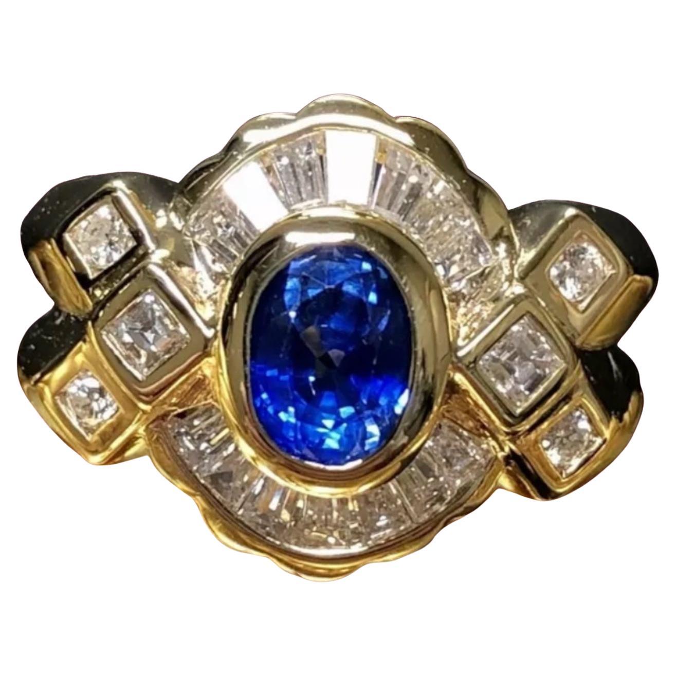 Estate 18K Zafiro Ovalado Cuadrado Baguette Anillo de Diamantes 2.40cttw Sz 6.5