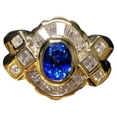 Estate 18K Zafiro Ovalado Cuadrado Baguette Anillo de Diamantes 2.40cttw Sz 6.5
