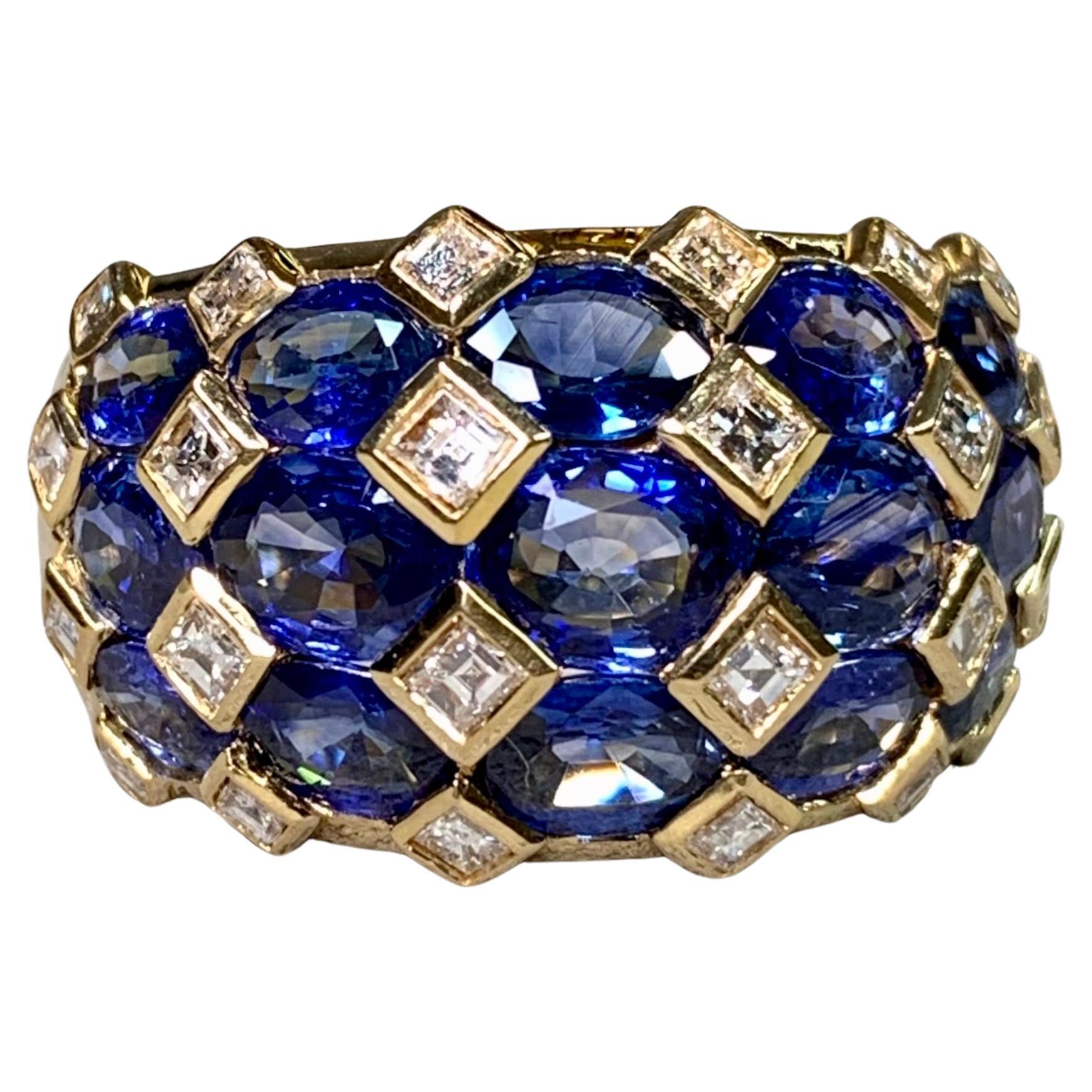 Estate 18K Oval Sapphire Square Baguette Diamond Wide Some Cocktail Ring 9ctw