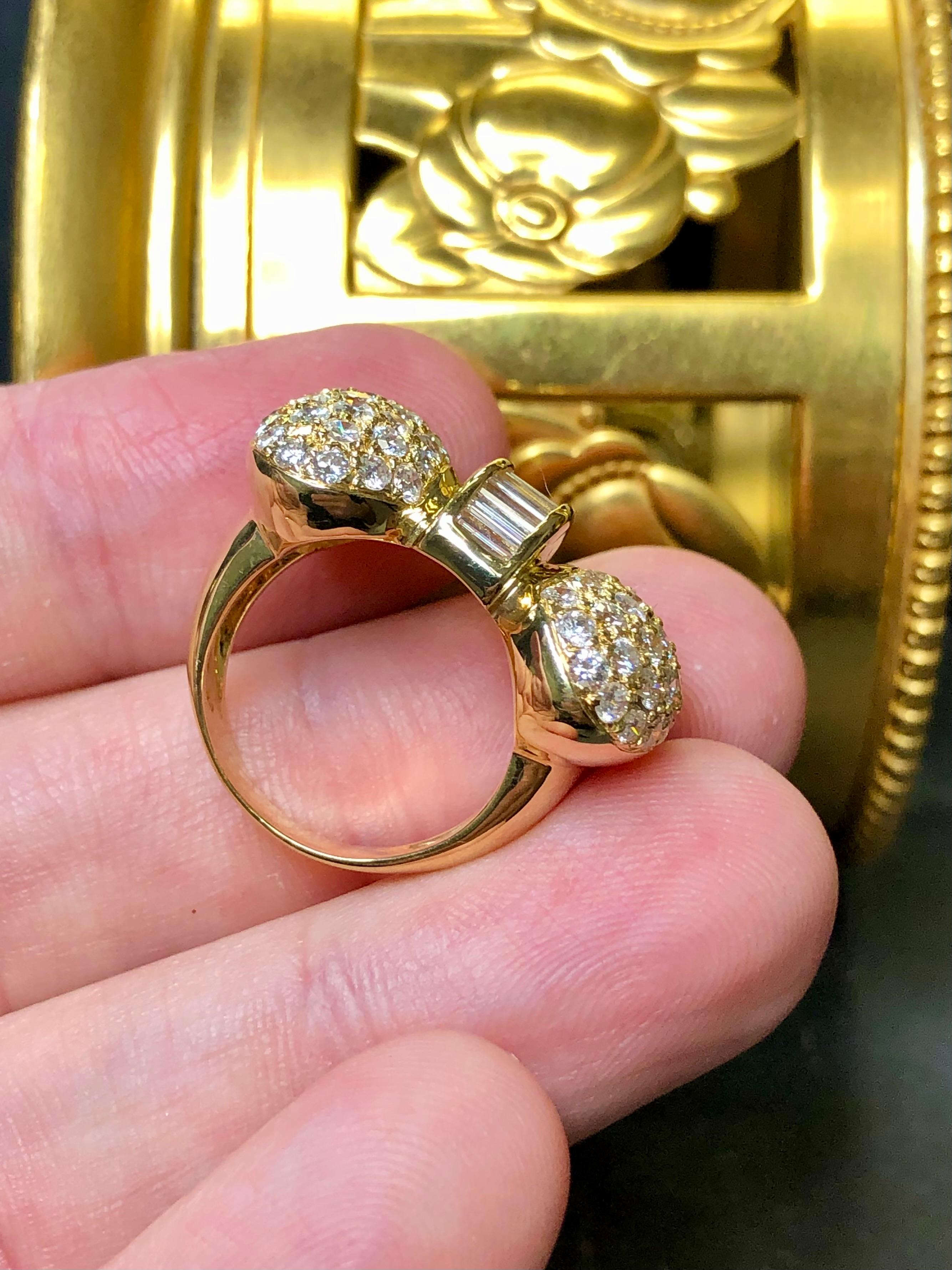 Estate 18K Pave Baguette Diamond Bow Cocktail Ring 3.40cttw Sz 5.75 For Sale 4