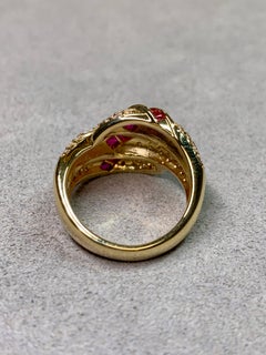 Estate 18K Pavé Diamond Bypass Carré Cut Ruby Ribbon Cocktail Ring