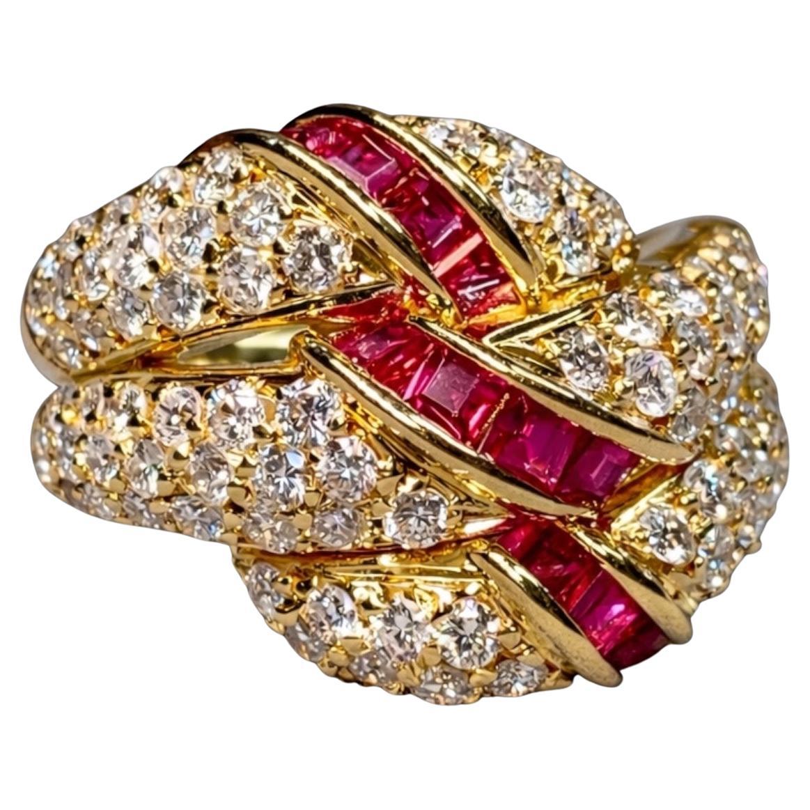 Anillo de cóctel Estate 18K Pavé Diamond Bypass Carré Cut Ruby Ribbon