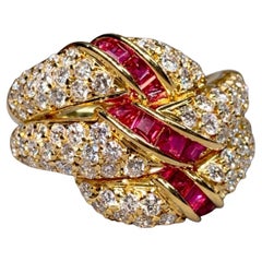Estate 18K Pavé Diamond Bypass Carré Cut Ruby Ribbon Cocktail Ring