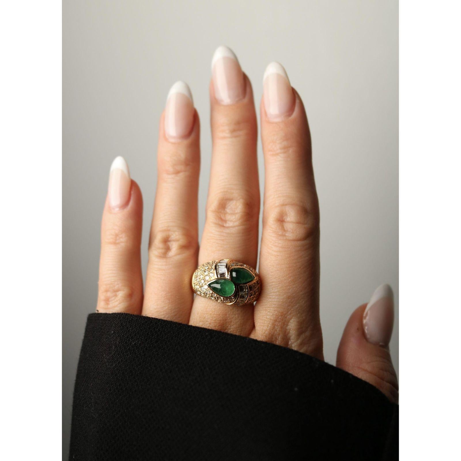 Estate 18K Pave Diamond Cocktail Ring Emerald Cabochon 18k Yellow Gold ~3.81ctw For Sale 3