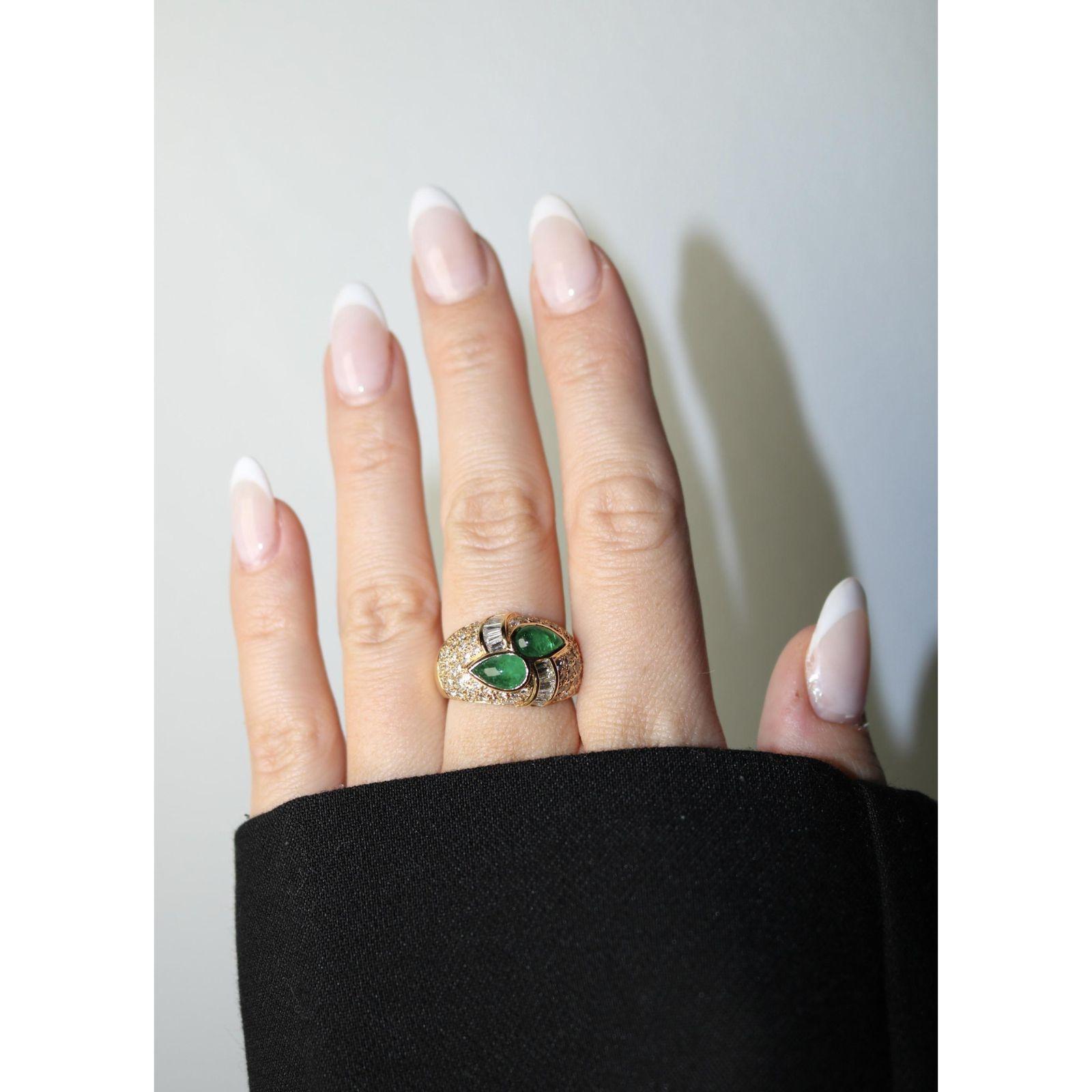 Estate 18K Pave Diamond Cocktail Ring Emerald Cabochon 18k Yellow Gold ~3.81ctw For Sale 4