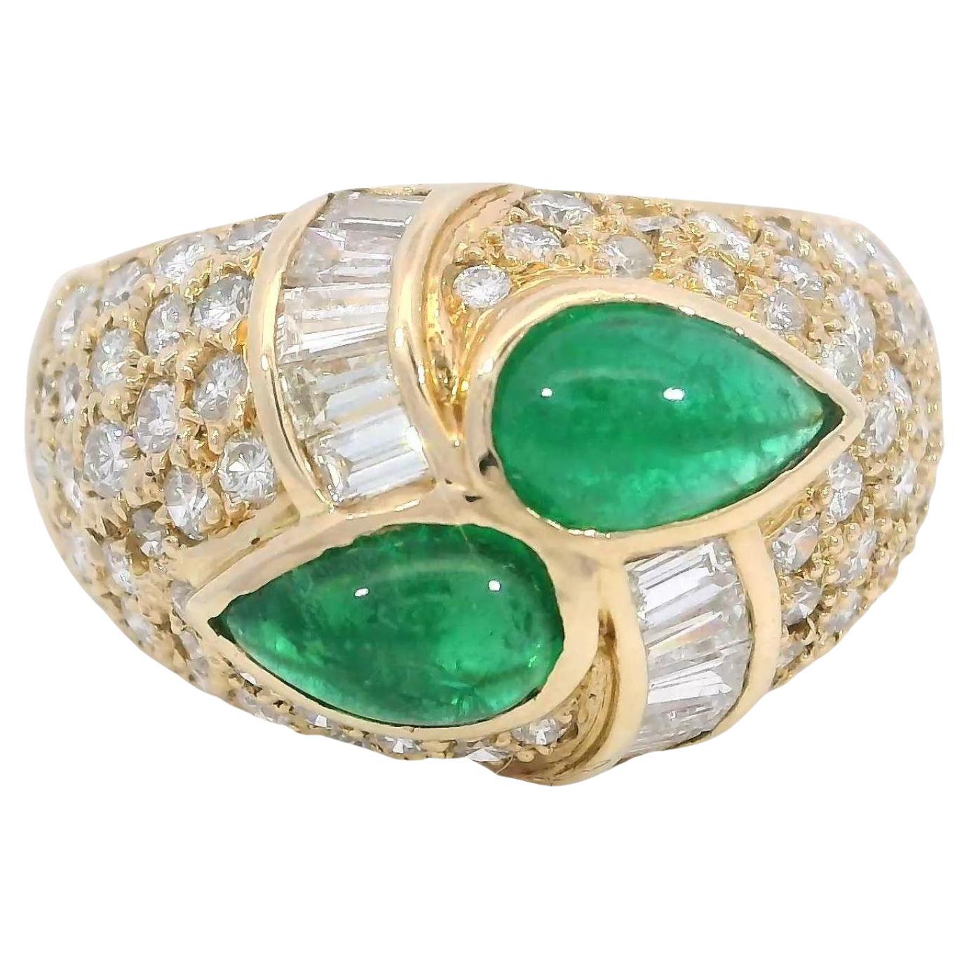 Estate 18K Pave Diamond Cocktail Ring Emerald Cabochon 18k Yellow Gold ~3.81ctw For Sale