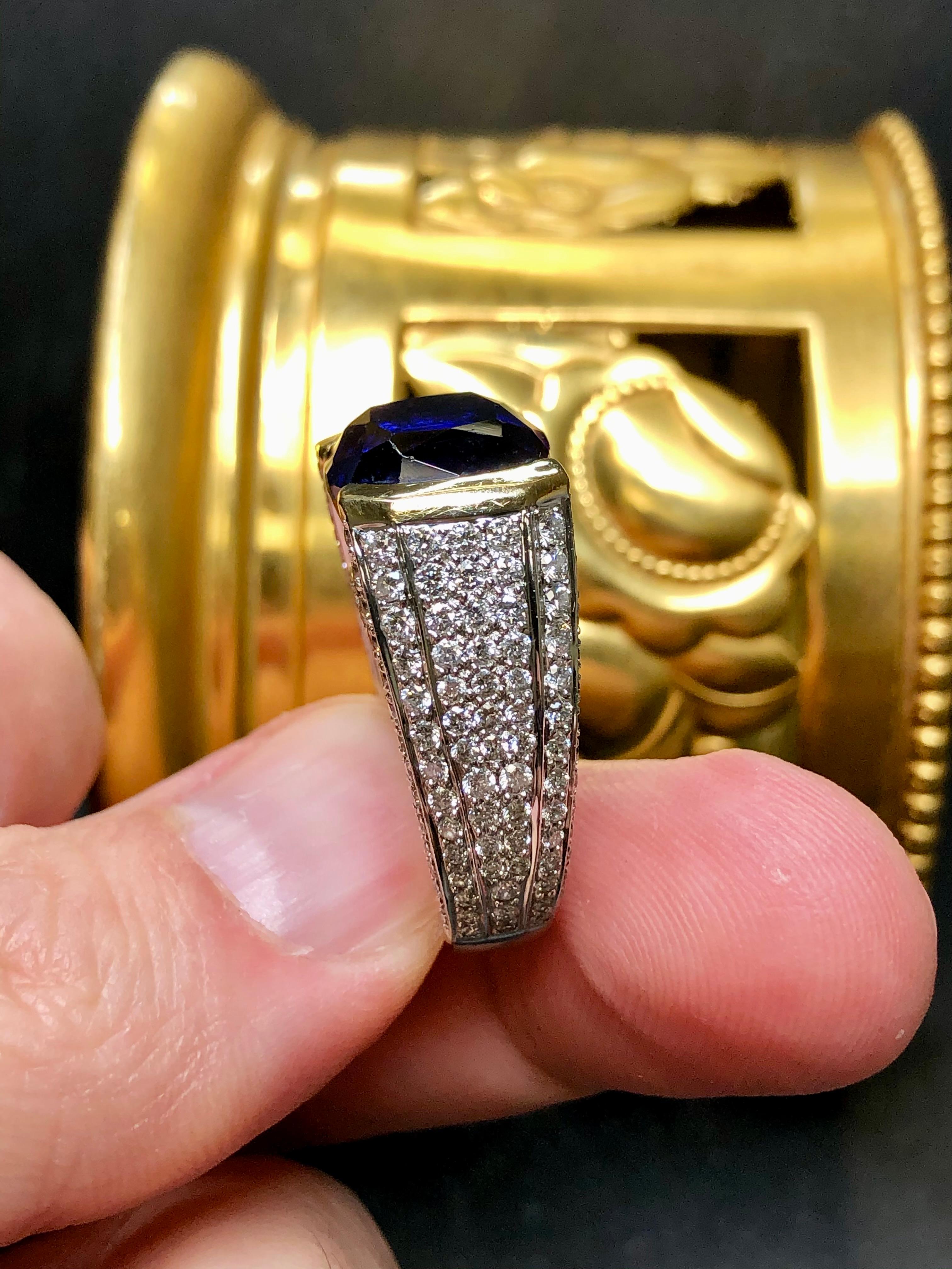 Estate 18K Pave Diamond Cushion Tanzanite Cocktail Ring 13.25cttw Sz7 In Excellent Condition For Sale In Winter Springs, FL