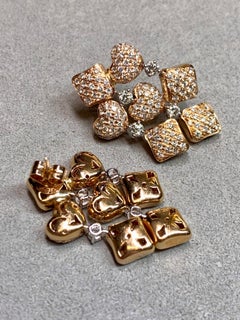 Estate 18K Pave Diamond Puffed Heart Articulating Drop Dangle Earrings F Vs