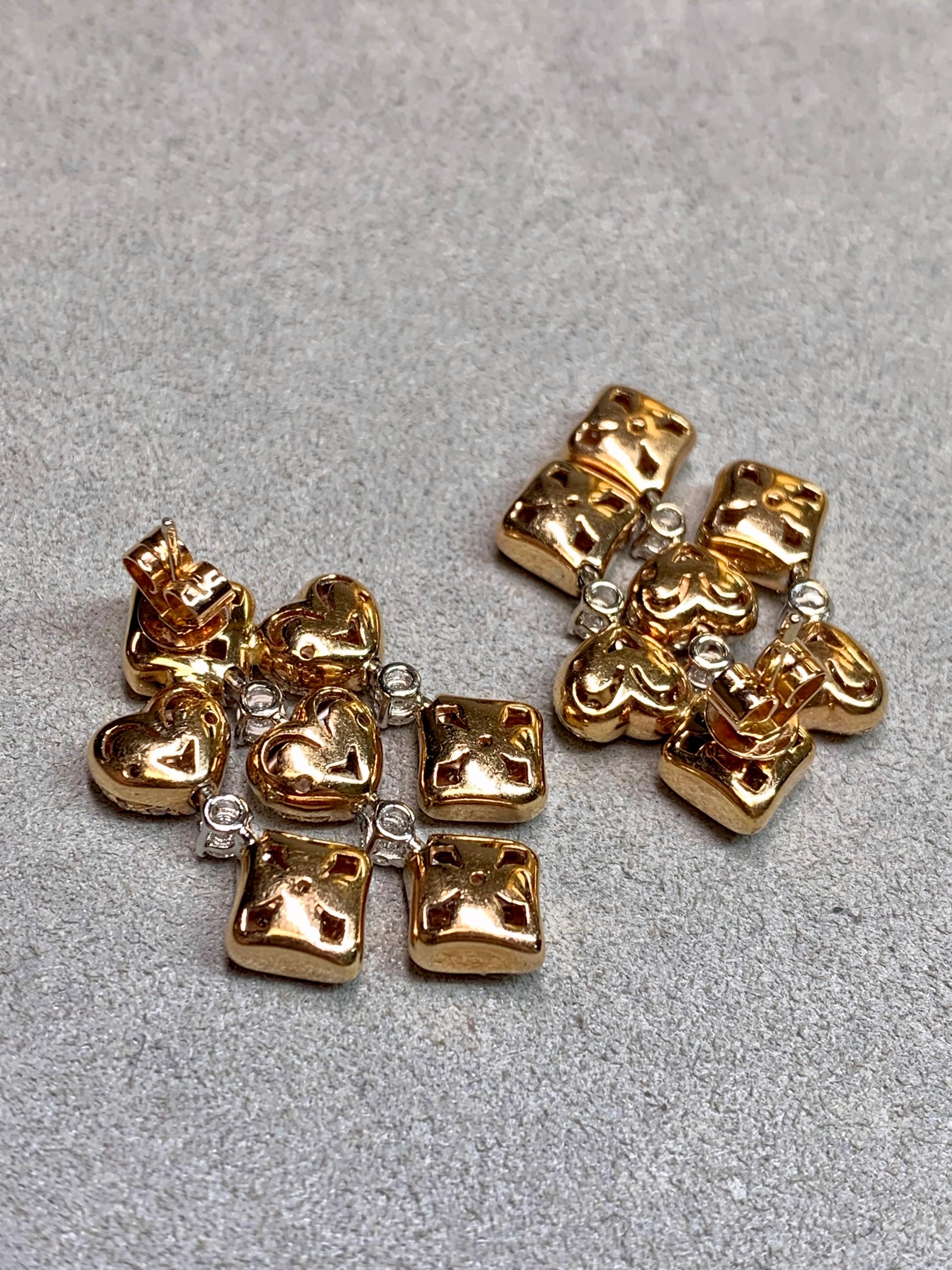 Estate 18K Pave Diamond Puffed Heart Articulating Drop Dangle Earrings F Vs (Rundschliff) im Angebot