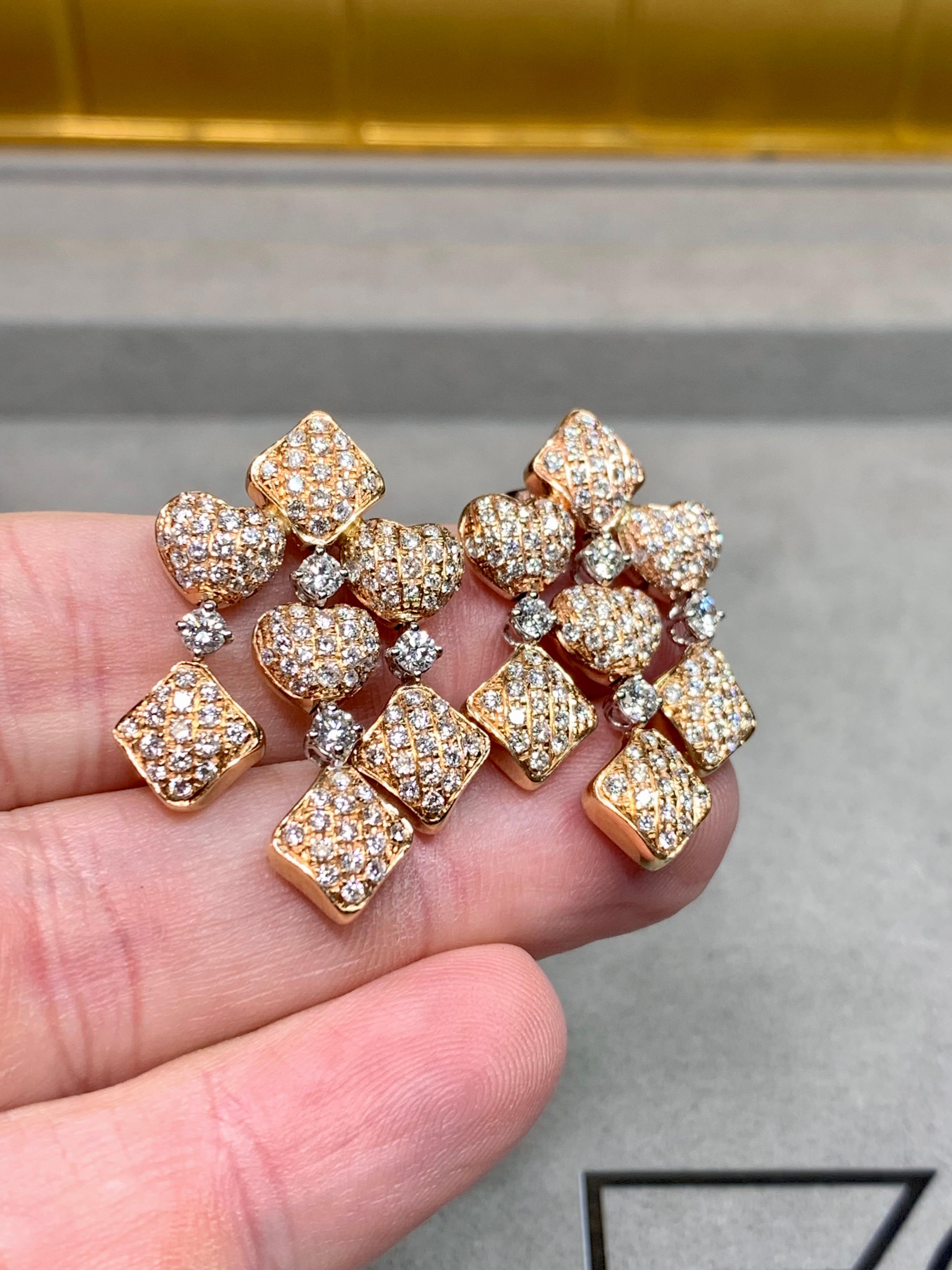 Estate 18K Pave Diamond Puffed Heart Articulating Drop Dangle Earrings F Vs im Angebot 1