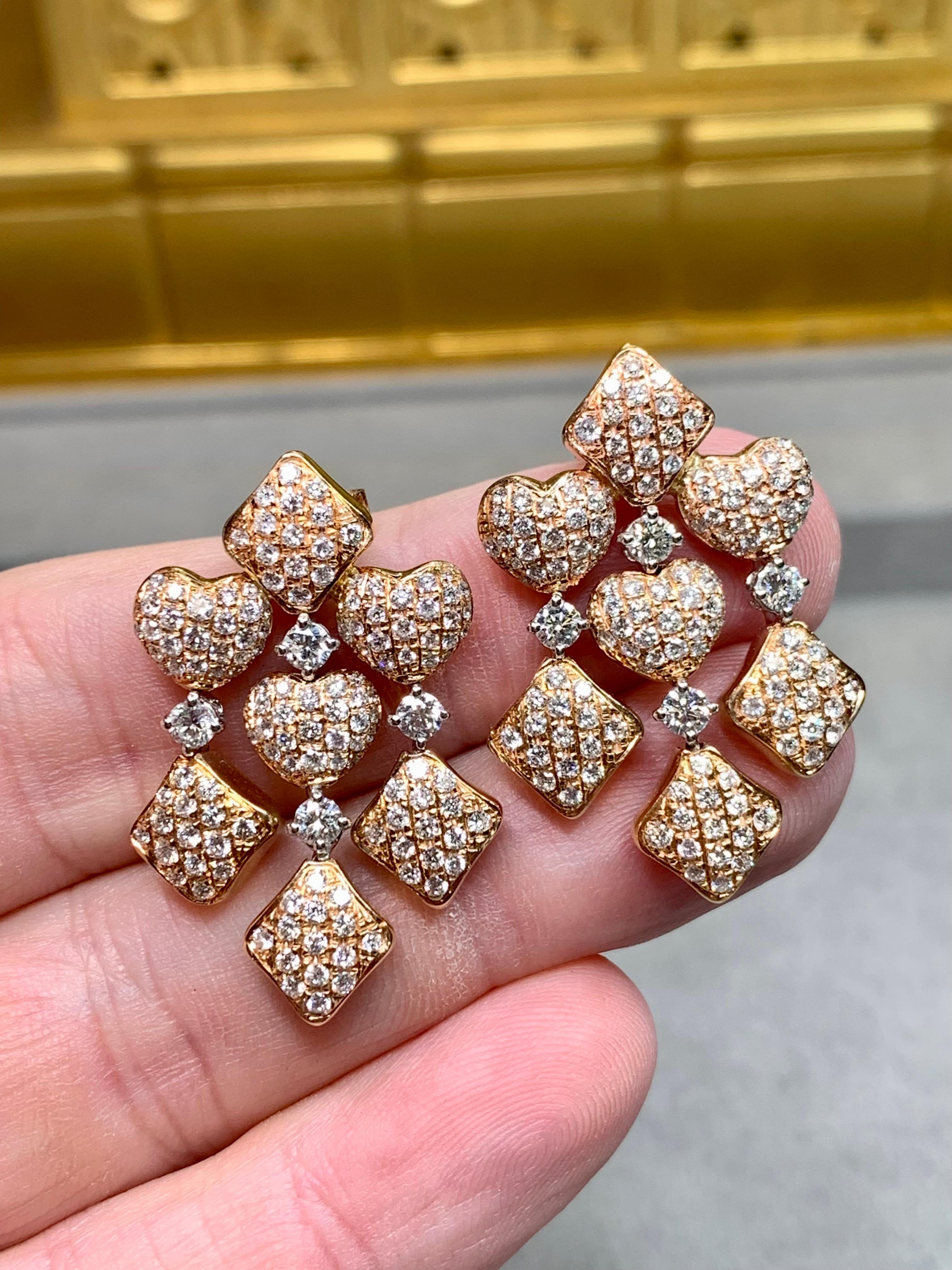 Estate 18K Pave Diamond Puffed Heart Articulating Drop Dangle Earrings F Vs im Angebot 2