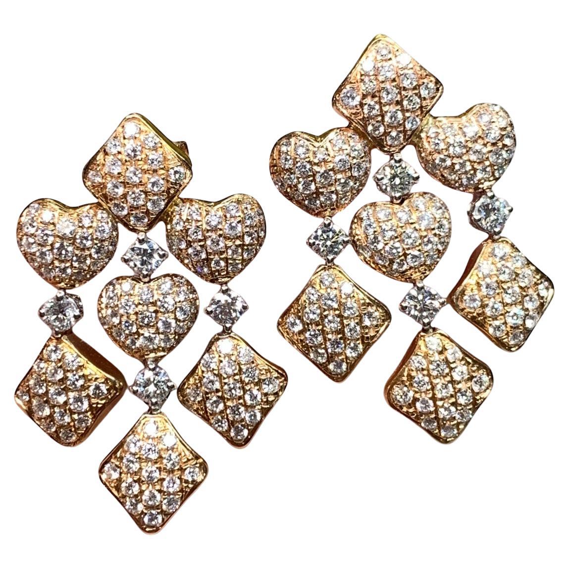 Estate 18K Pave Diamond Puffed Heart Articulating Drop Dangle Earrings F Vs