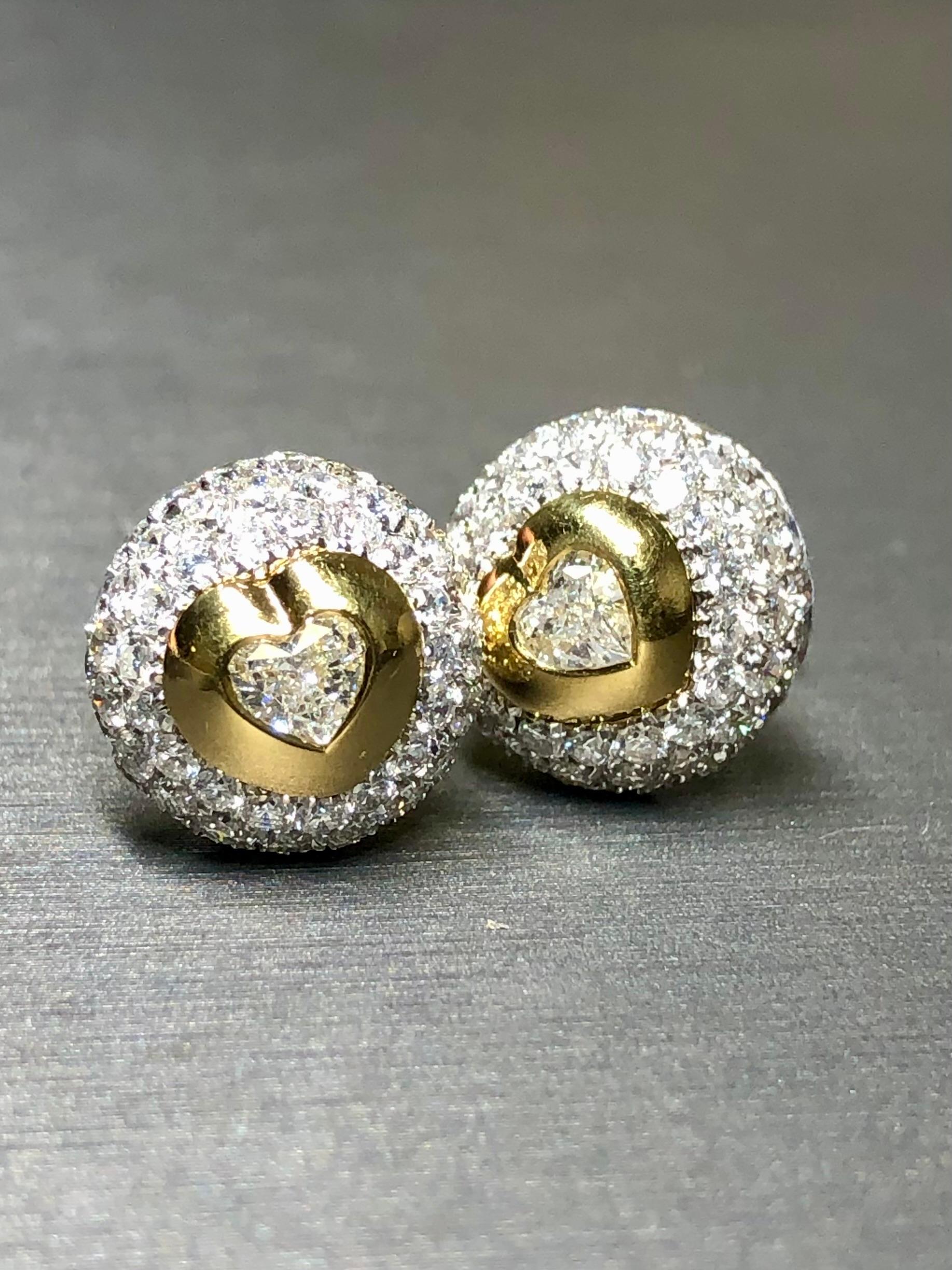 Contemporary Estate 18K Pave Heart Shape Diamond Dome Two Tone Stud Earrings 3.44cttw F Vs For Sale
