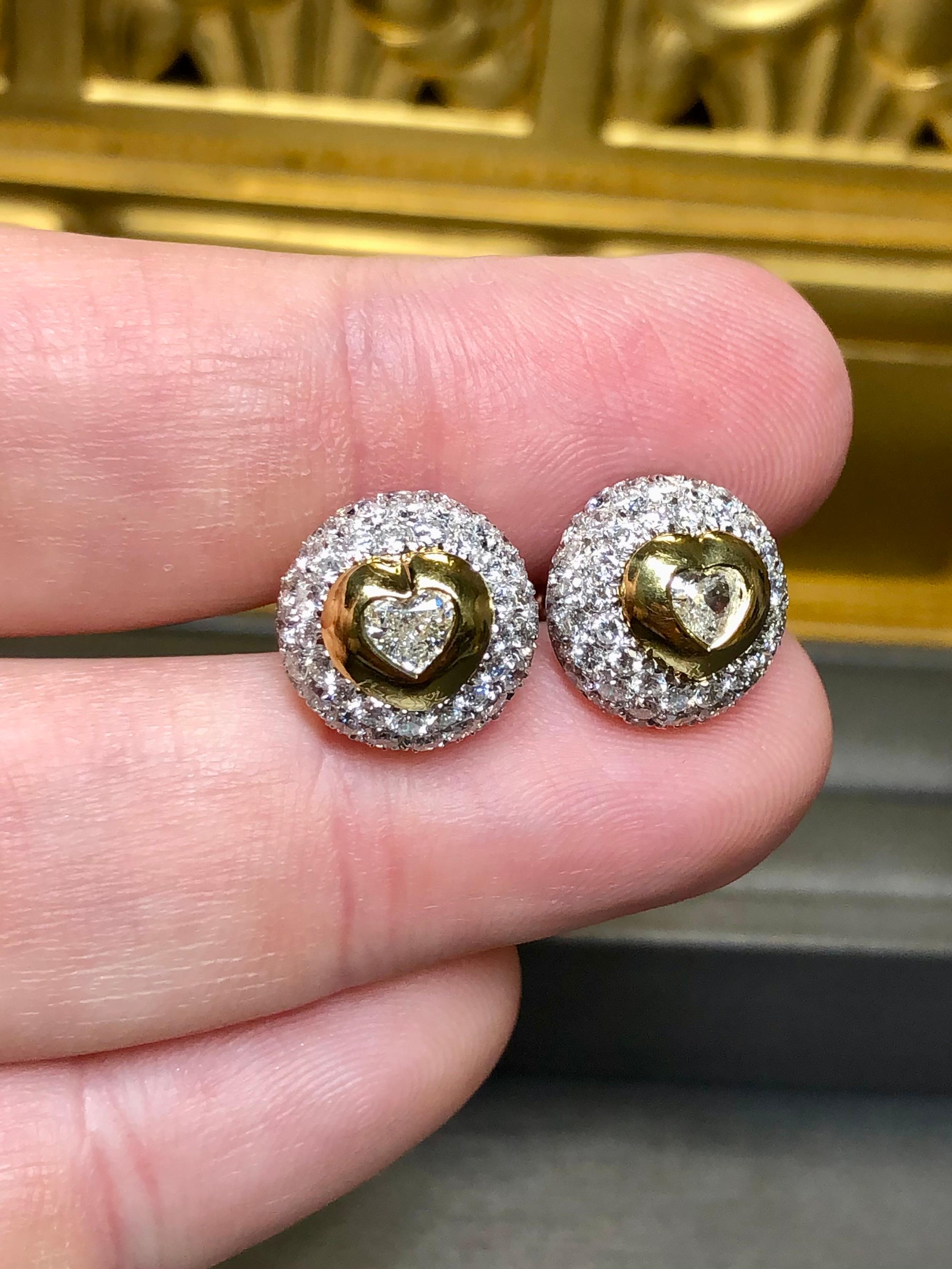 Estate 18K Pave Heart Shape Diamond Dome Two Tone Stud Earrings 3.44cttw F Vs In Good Condition For Sale In Winter Springs, FL