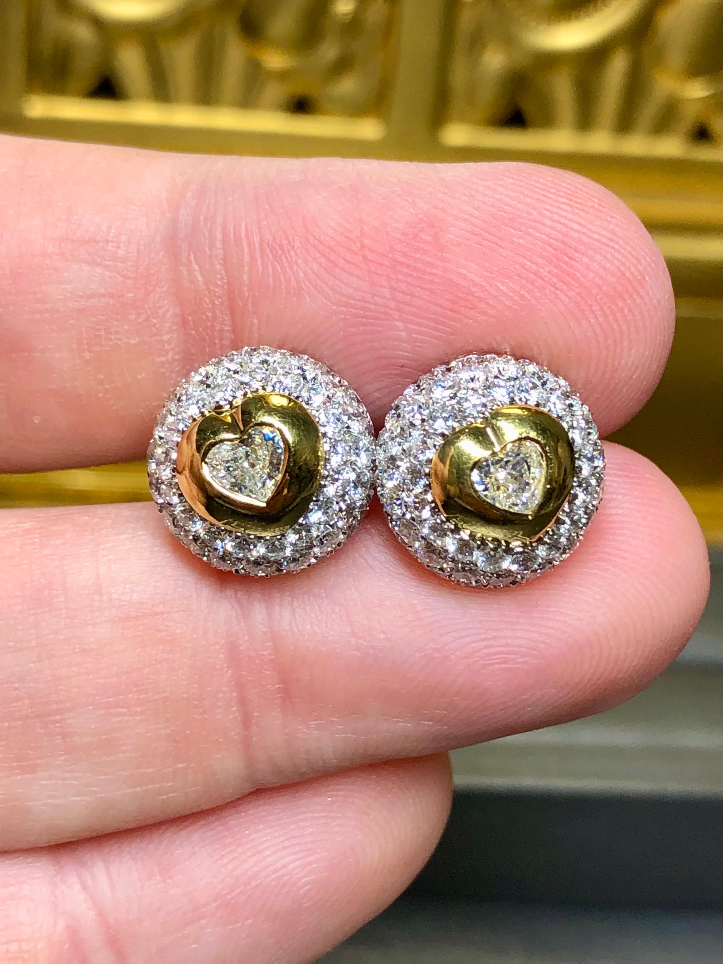 Women's or Men's Estate 18K Pave Heart Shape Diamond Dome Two Tone Stud Earrings 3.44cttw F Vs For Sale