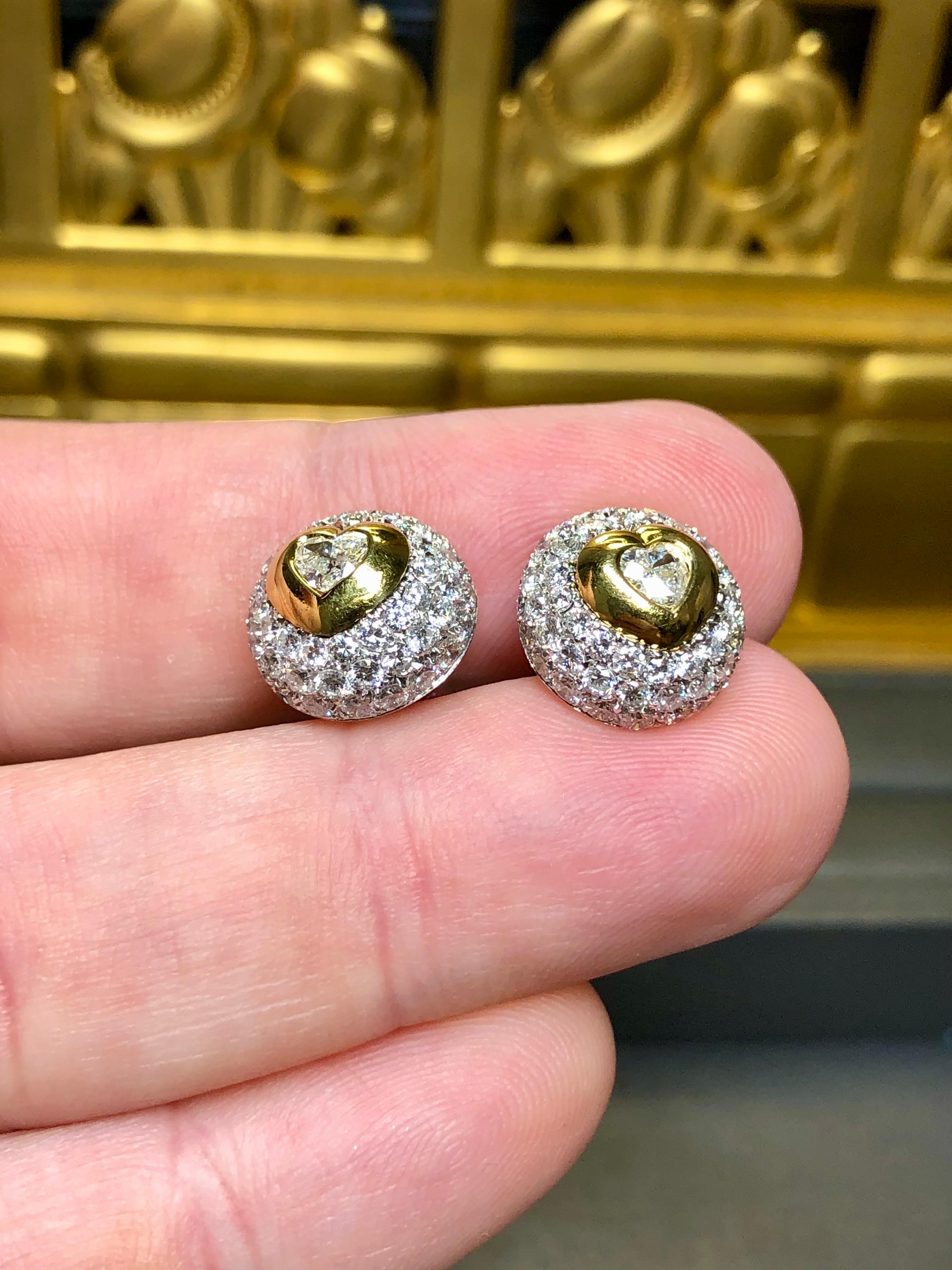 Estate 18K Pave Heart Shape Diamond Dome Two Tone Stud Earrings 3.44cttw F Vs For Sale 1