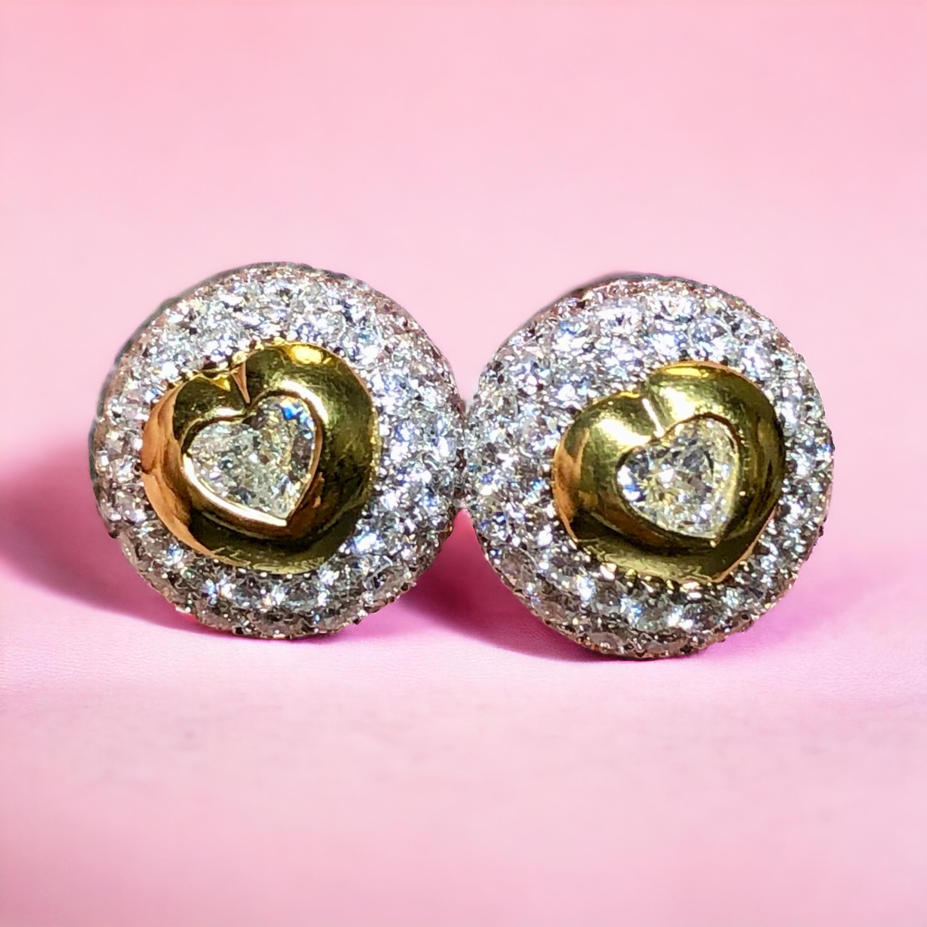 Estate 18K Pave Heart Shape Diamond Dome Two Tone Stud Earrings 3.44cttw F Vs For Sale 2