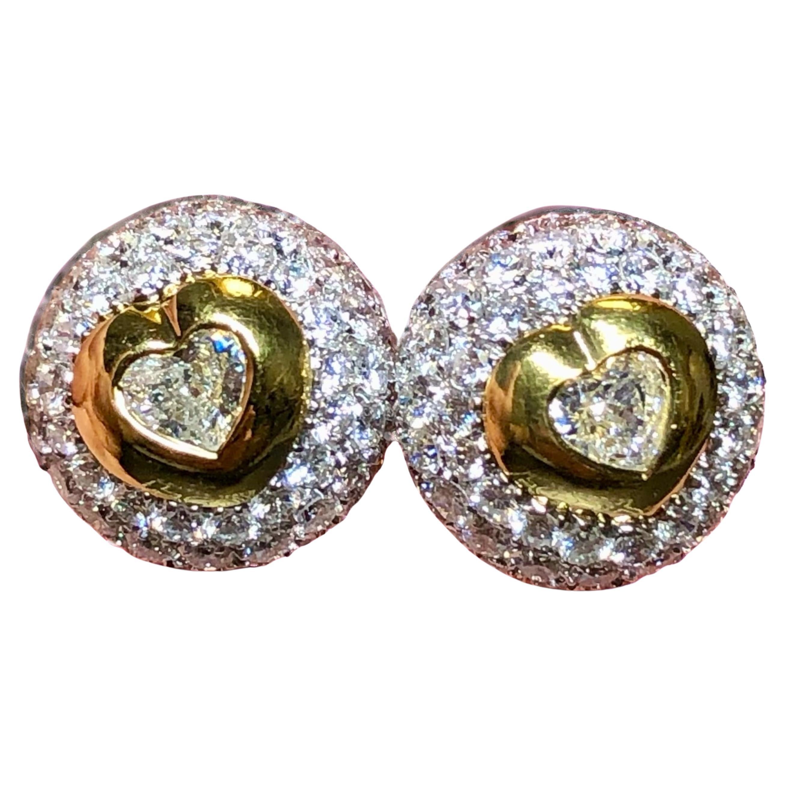Estate 18K Pave Heart Shape Diamond Dome Two Tone Stud Earrings 3.44cttw F Vs For Sale