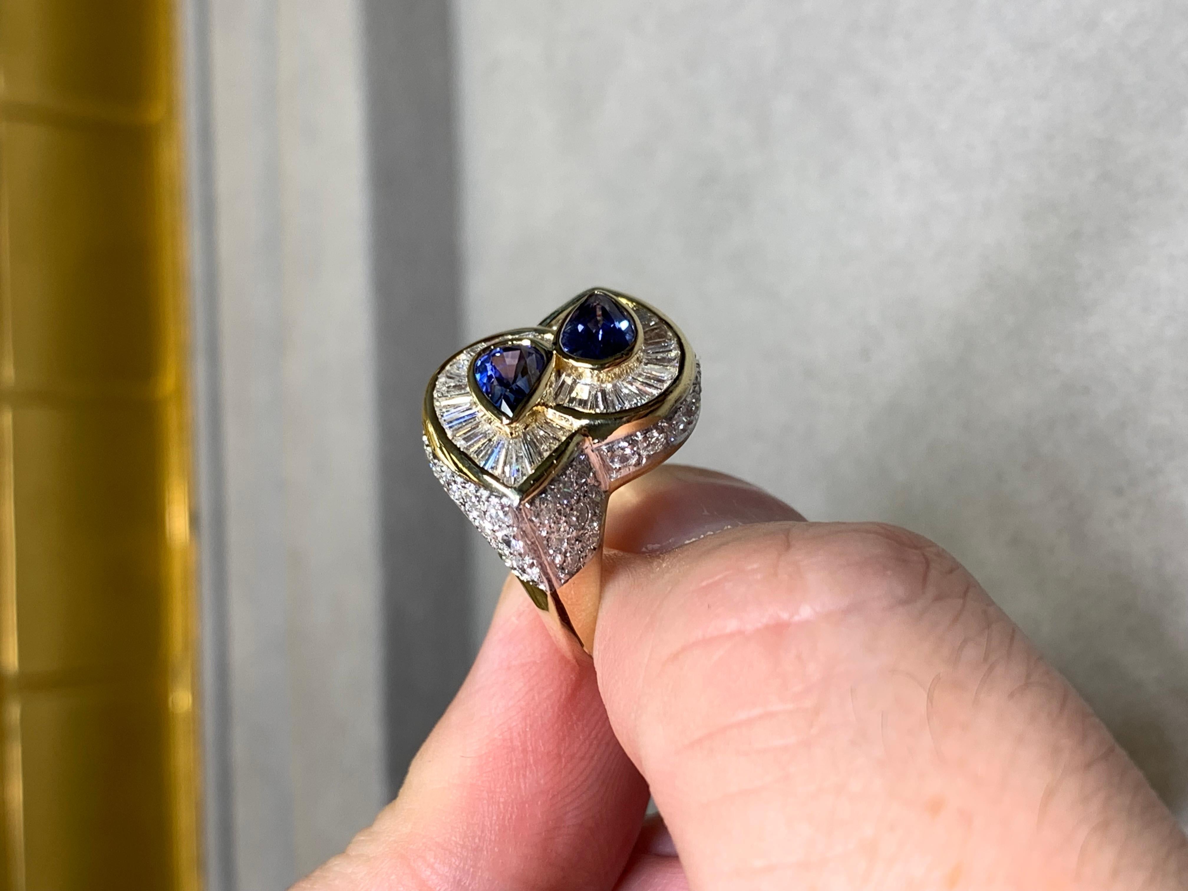 Estate 18K Pear Sapphire Baguette Diamond Bypass Cocktail Ring 5.23ctw For Sale 4