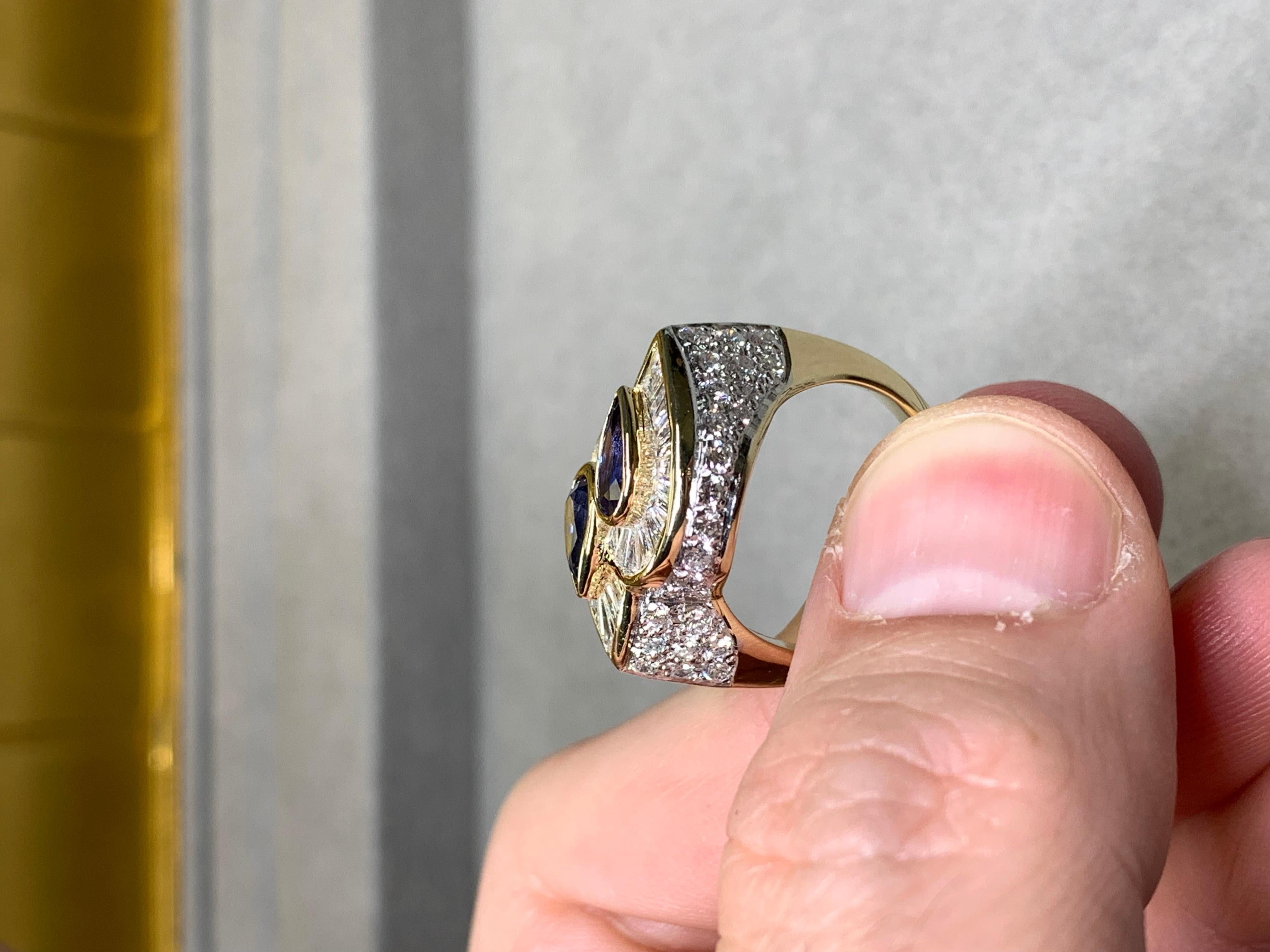 Estate 18K Pear Sapphire Baguette Diamond Bypass Cocktail Ring 5.23ctw For Sale 5