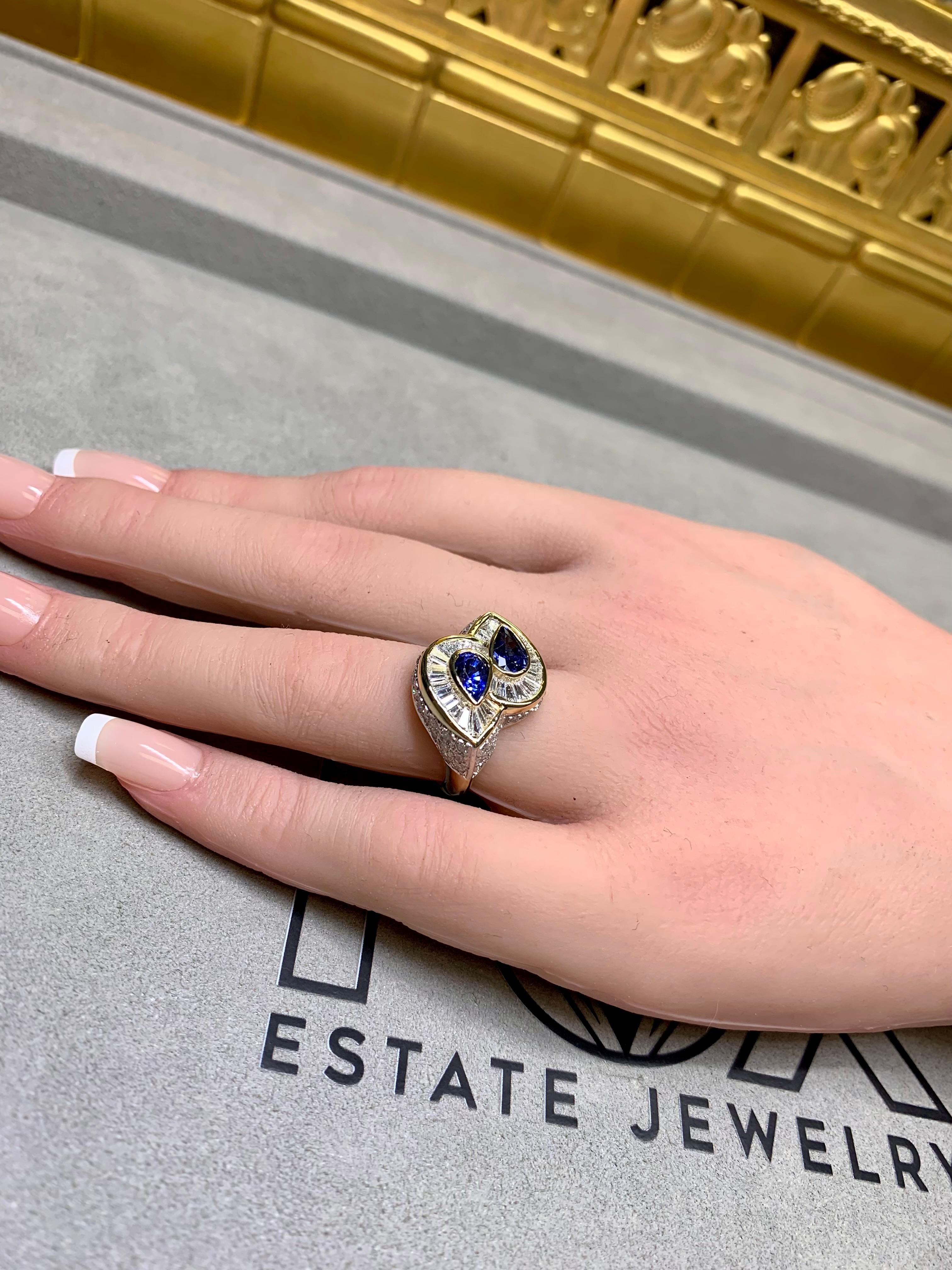Estate 18K Pear Sapphire Baguette Diamond Bypass Cocktail Ring 5.23ctw For Sale 6