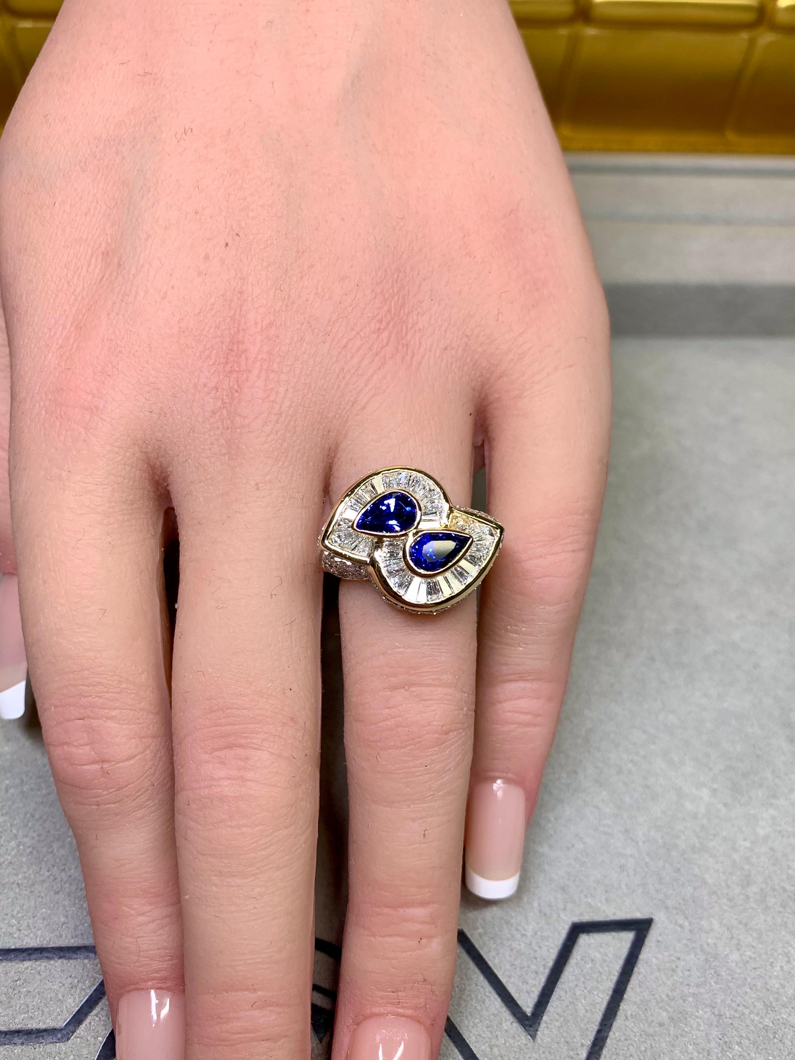 Estate 18K Pear Sapphire Baguette Diamond Bypass Cocktail Ring 5.23ctw For Sale 7
