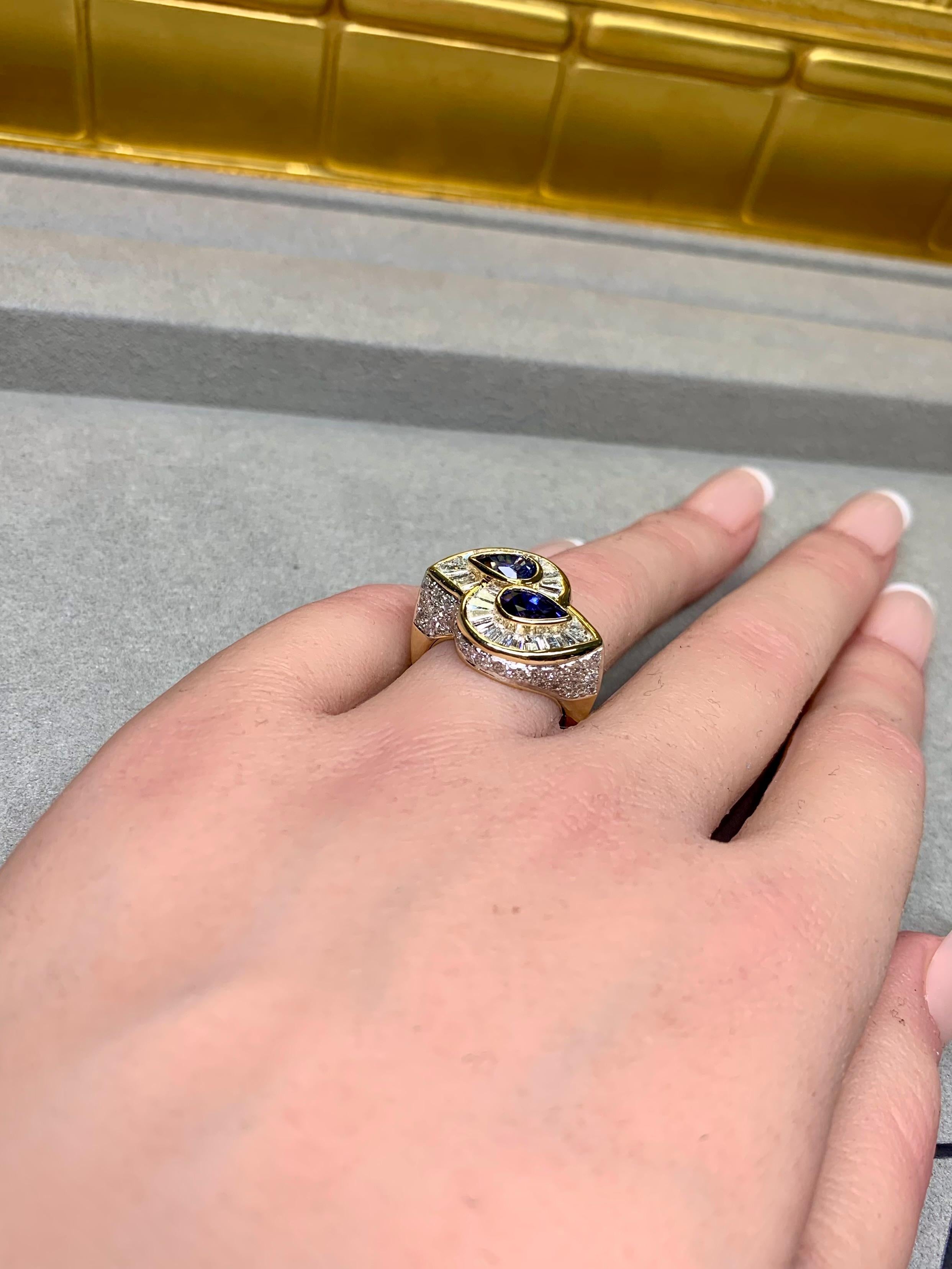 Estate 18K Pear Sapphire Baguette Diamond Bypass Cocktail Ring 5.23ctw For Sale 8