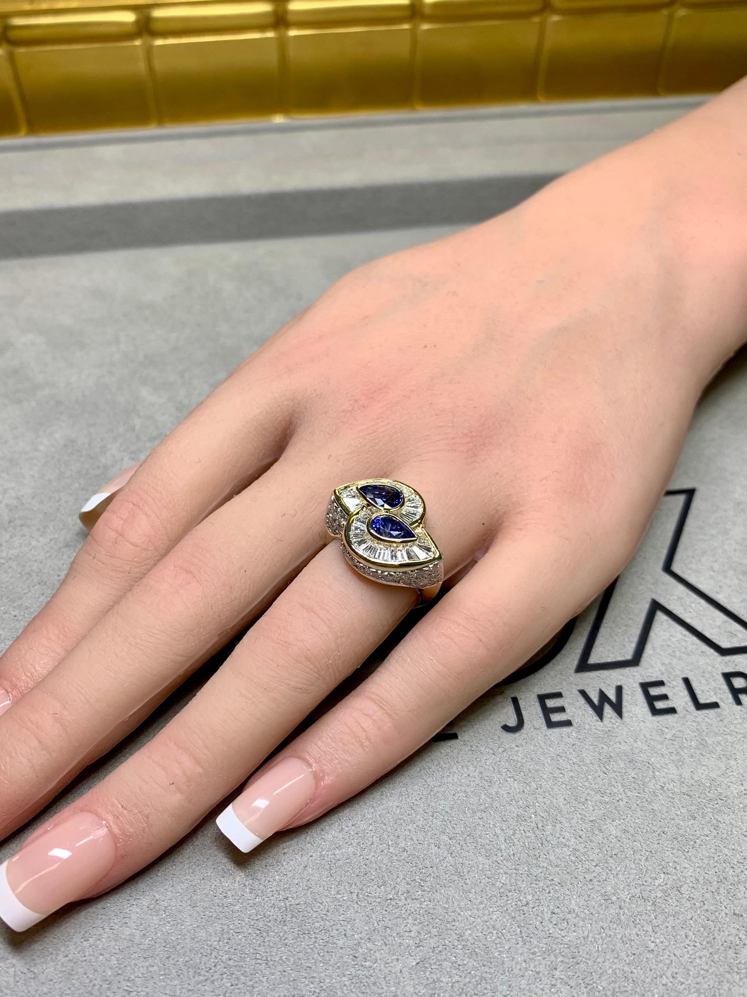 Estate 18K Pear Sapphire Baguette Diamond Bypass Cocktail Ring 5.23ctw For Sale 9