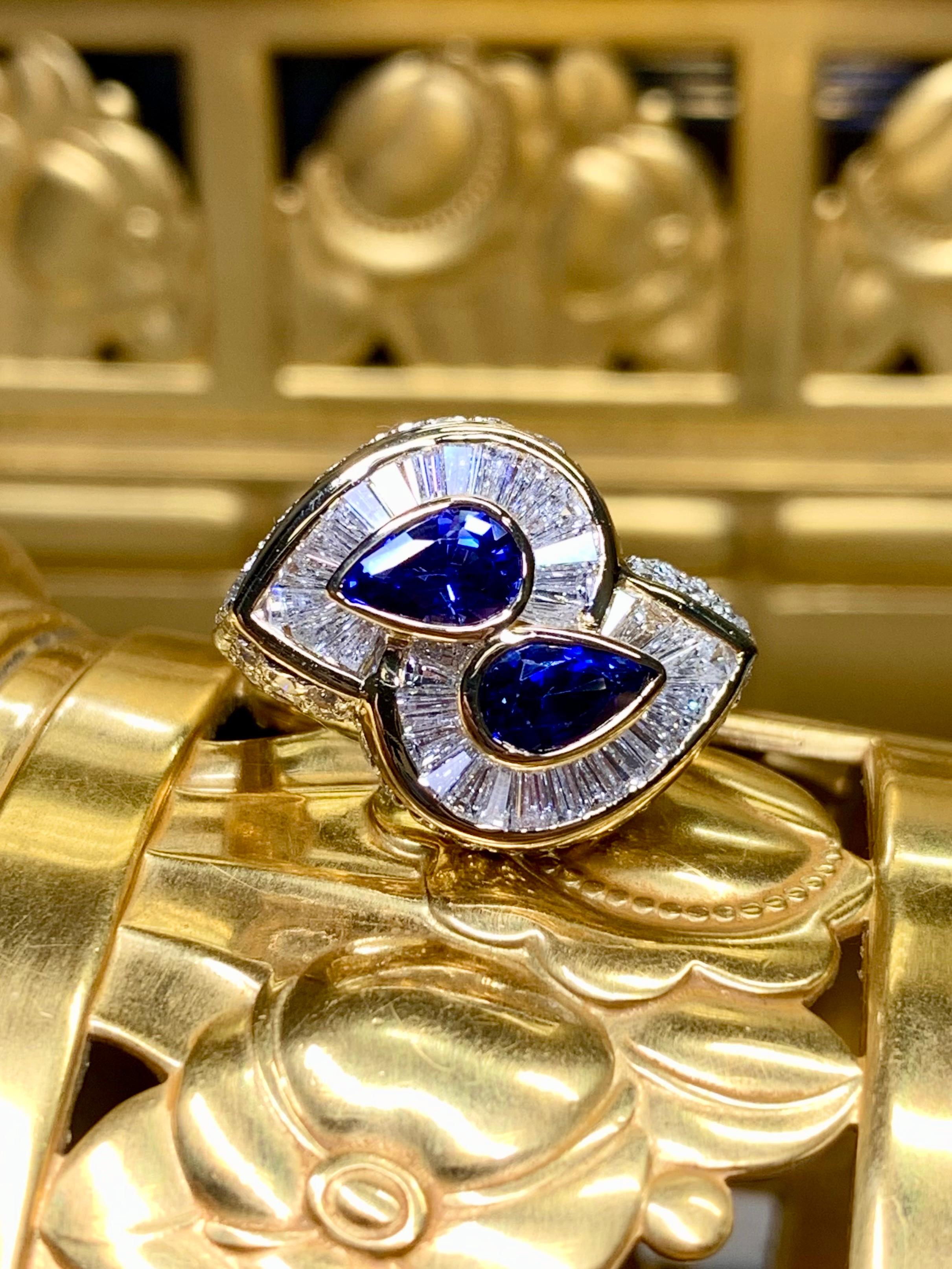 Estate 18K Pear Sapphire Baguette Diamond Bypass Cocktail Ring 5.23ctw For Sale 10