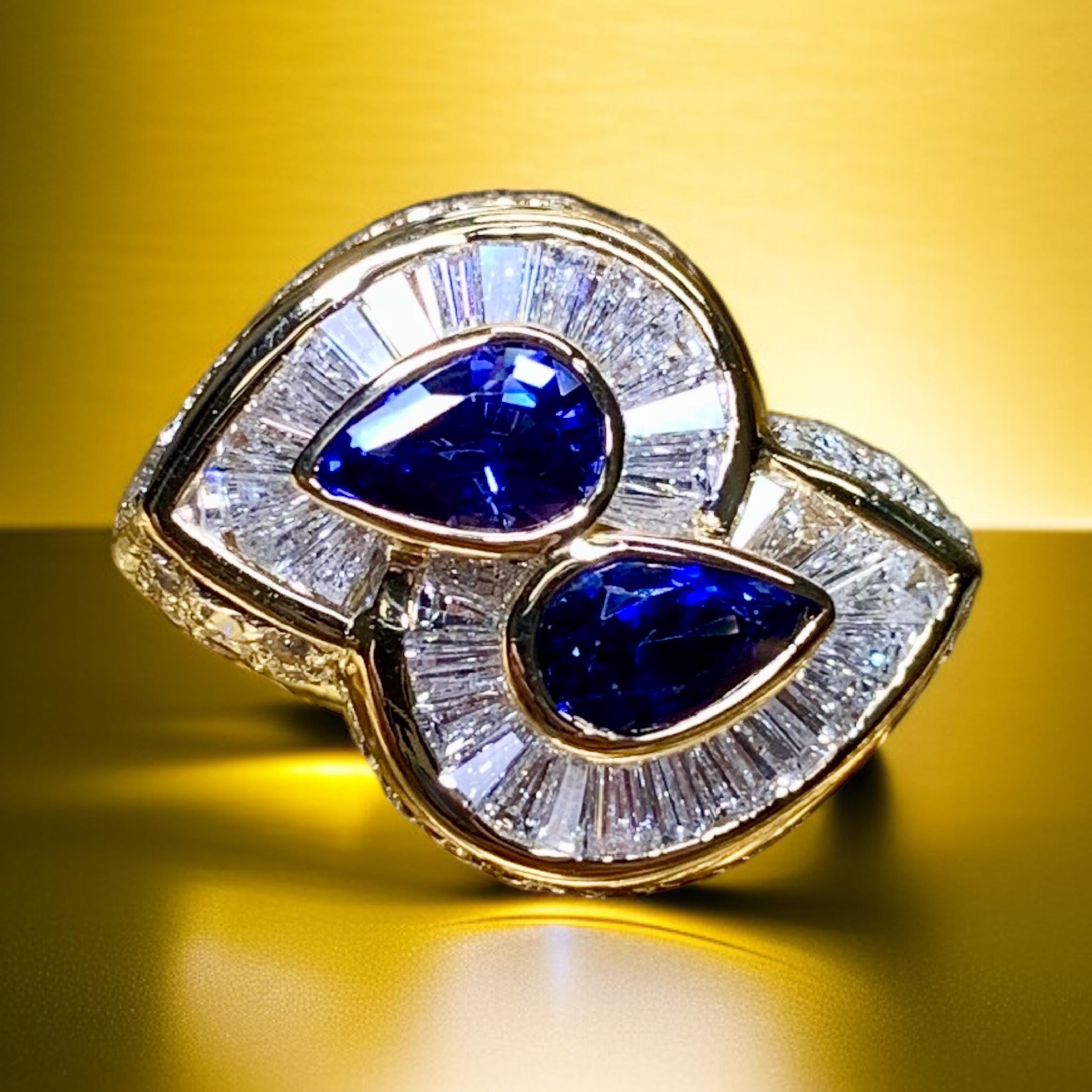 Estate 18K Pear Sapphire Baguette Diamond Bypass Cocktail Ring 5.23ctw For Sale 11