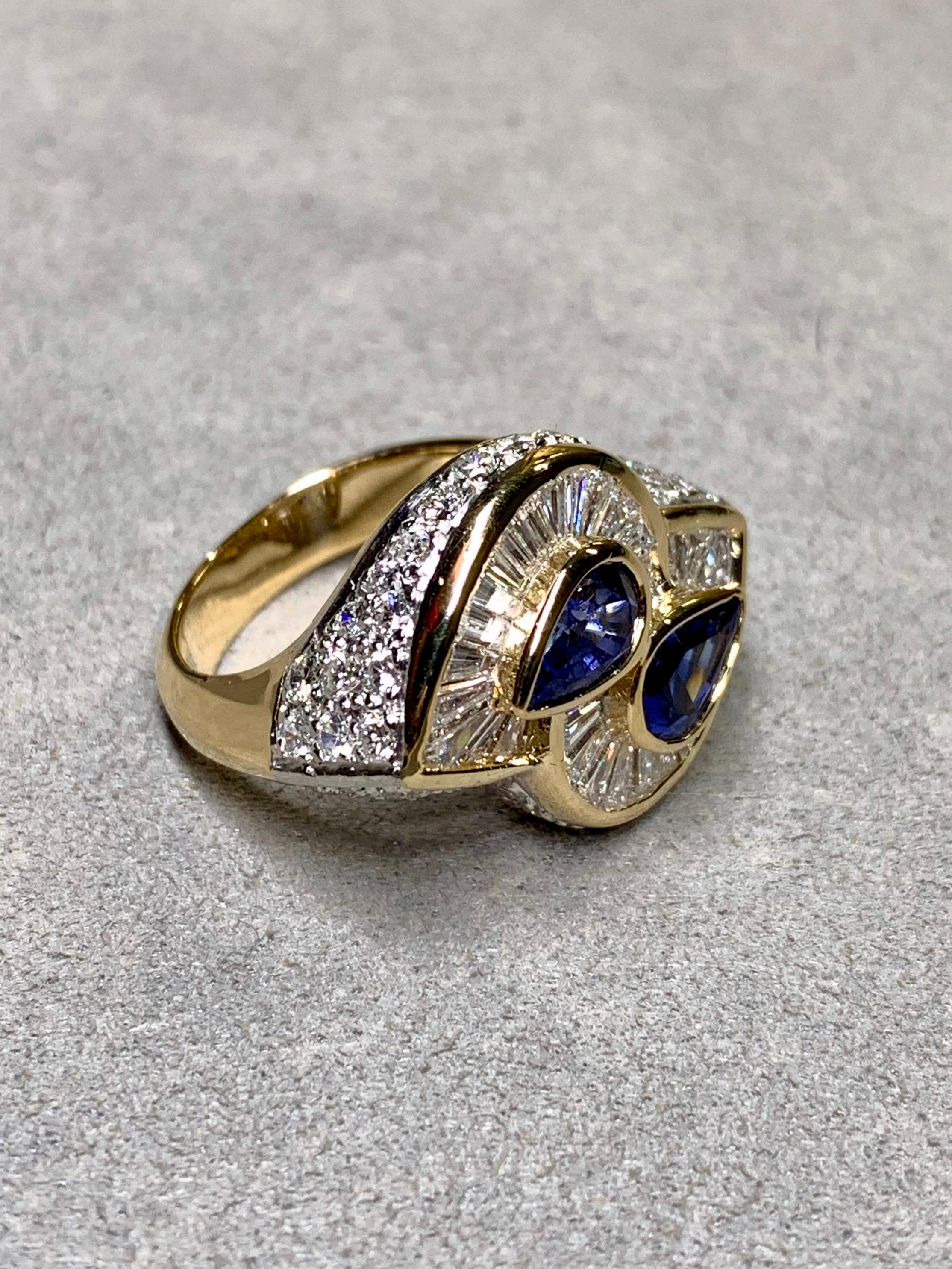 Contemporary Estate 18K Pear Sapphire Baguette Diamond Bypass Cocktail Ring 5.23ctw For Sale