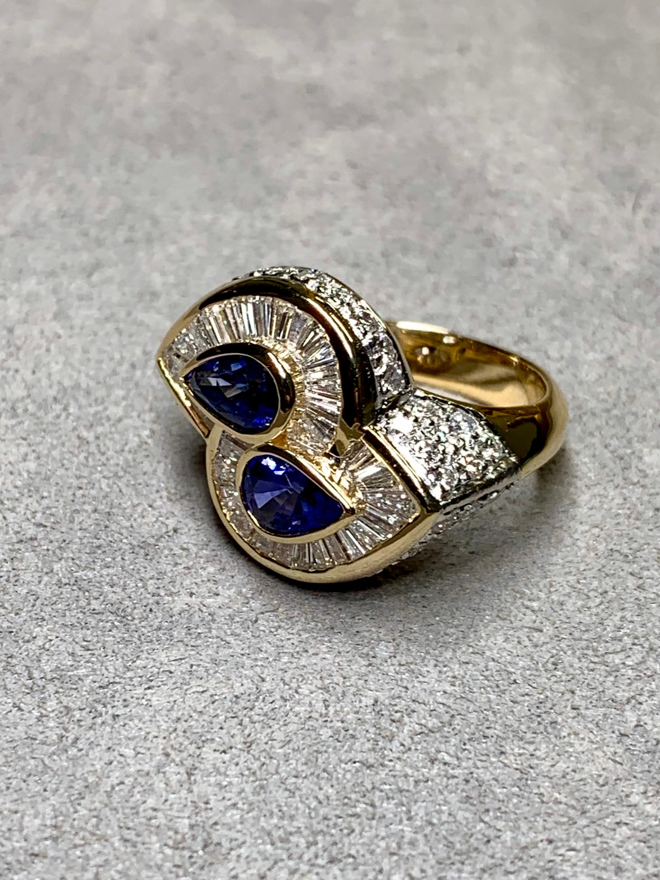 Estate 18K Pear Sapphire Baguette Diamond Bypass Cocktail Ring 5.23ctw For Sale 1