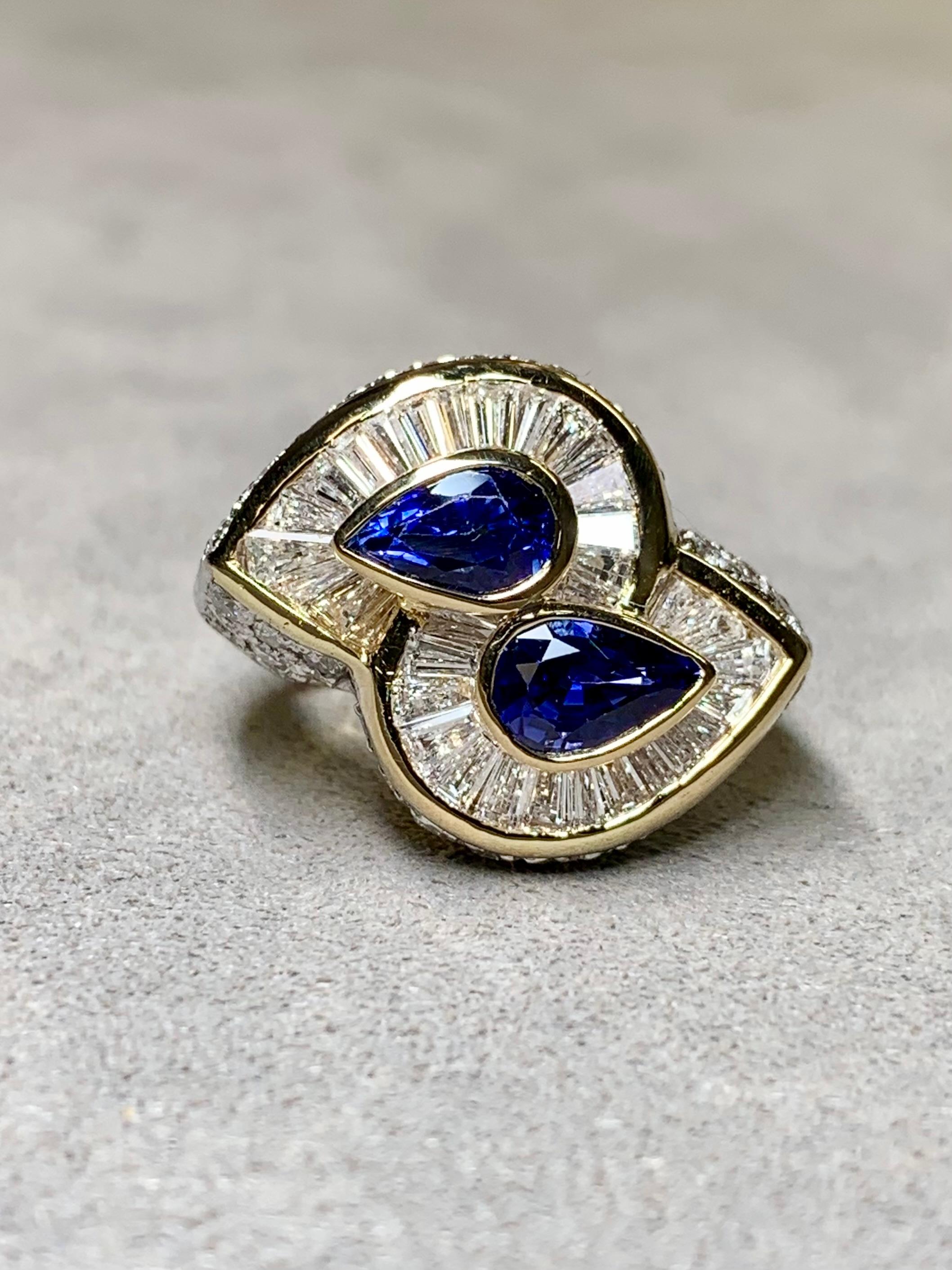 Estate 18K Pear Sapphire Baguette Diamond Bypass Cocktail Ring 5.23ctw For Sale 2