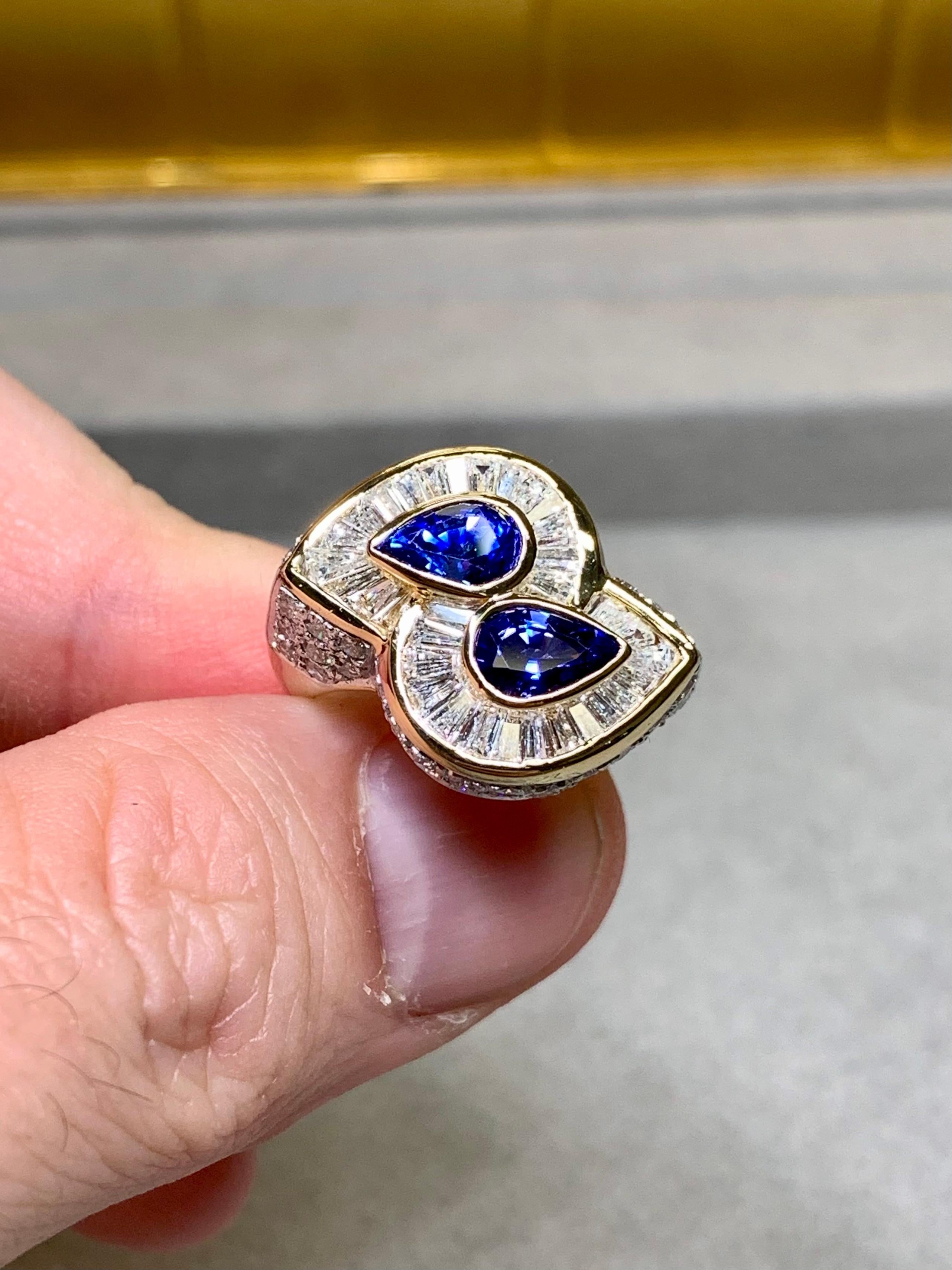 Estate 18K Pear Sapphire Baguette Diamond Bypass Cocktail Ring 5.23ctw For Sale 3