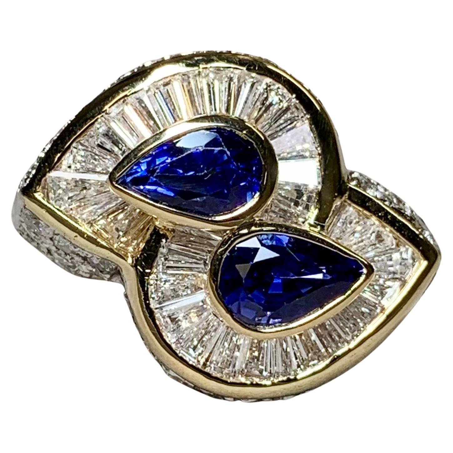 Estate 18K Pear Sapphire Baguette Diamond Bypass Cocktail Ring 5.23ctw