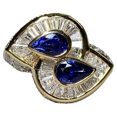 Estate 18K Pear Sapphire Baguette Diamond Bypass Cocktail Ring 5.23ctw