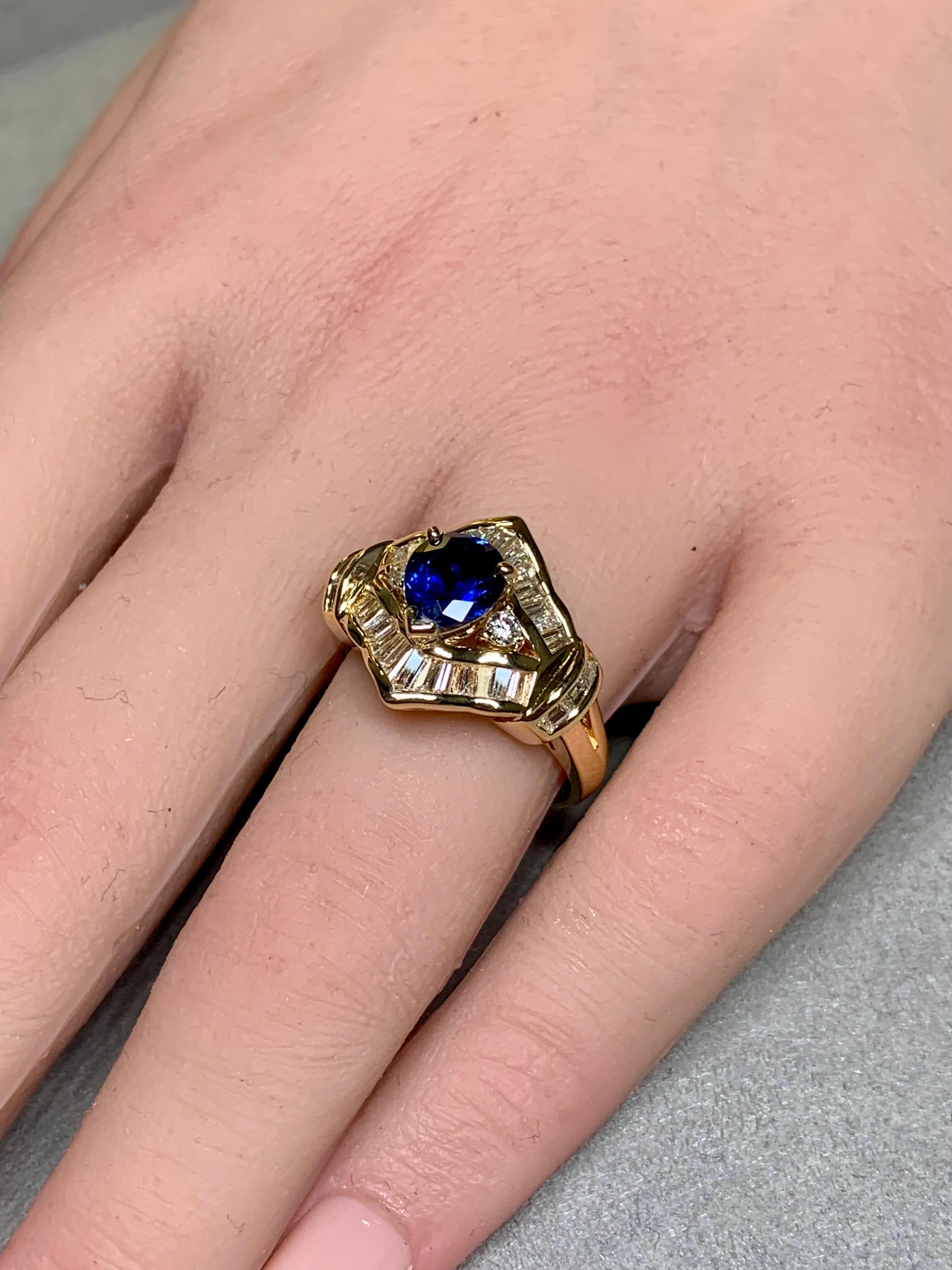 Estate 18K Pear Sapphire Baguette Round Diamond Cocktail Ring 3.21ctw Sz 7.25 For Sale 4