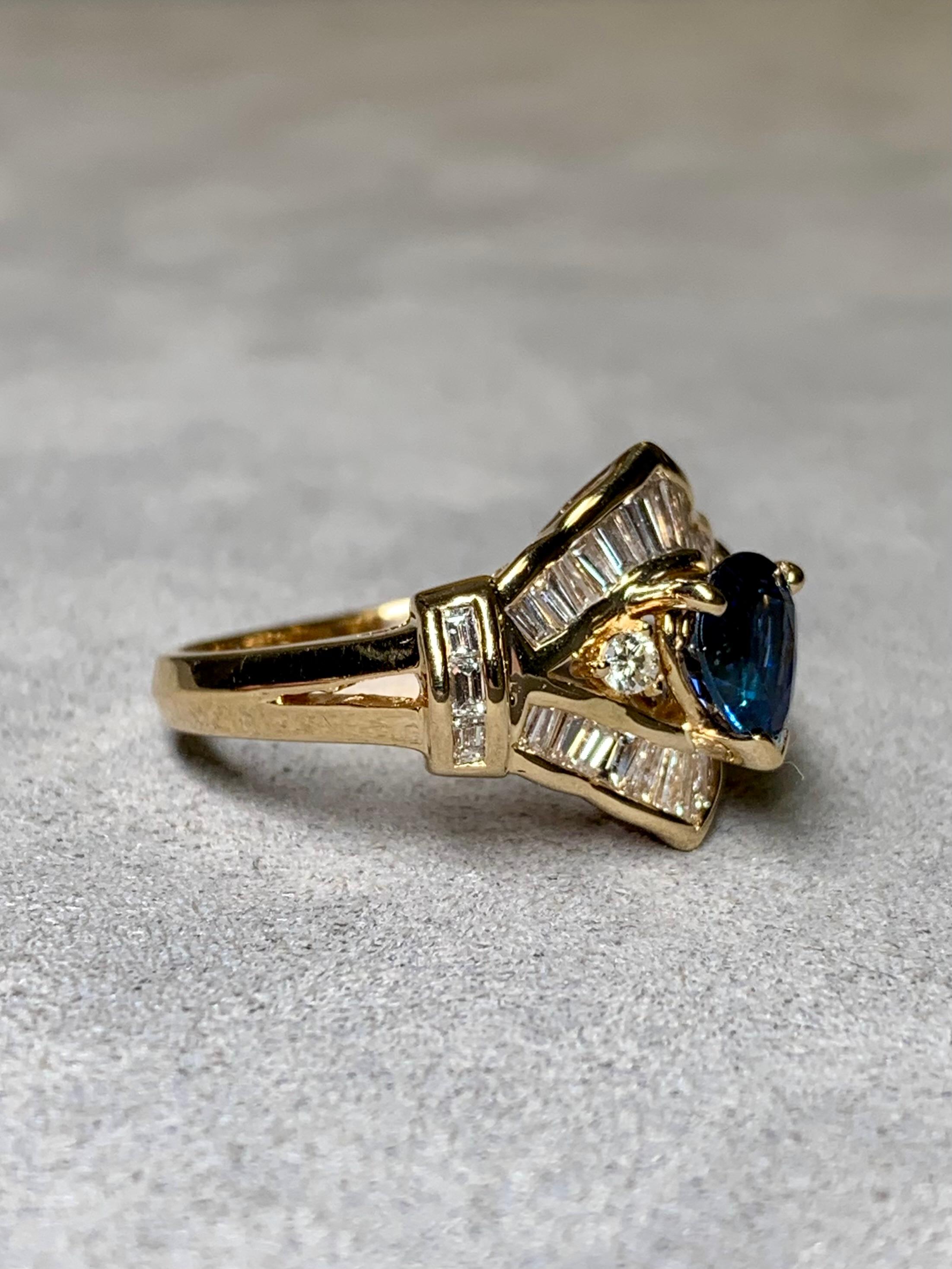 Contemporary Estate 18K Pear Sapphire Baguette Round Diamond Cocktail Ring 3.21ctw Sz 7.25 For Sale