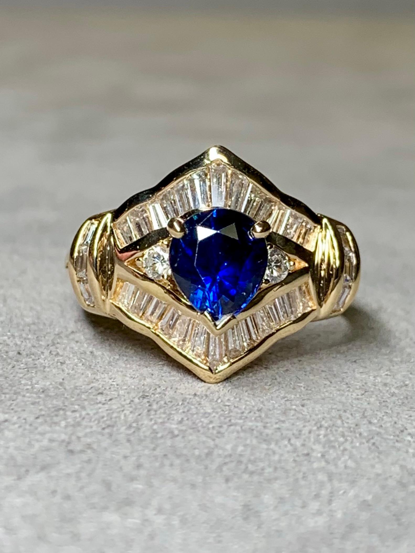 Estate 18K Pear Sapphire Baguette Round Diamond Cocktail Ring 3.21ctw Sz 7.25 In Excellent Condition For Sale In Winter Springs, FL