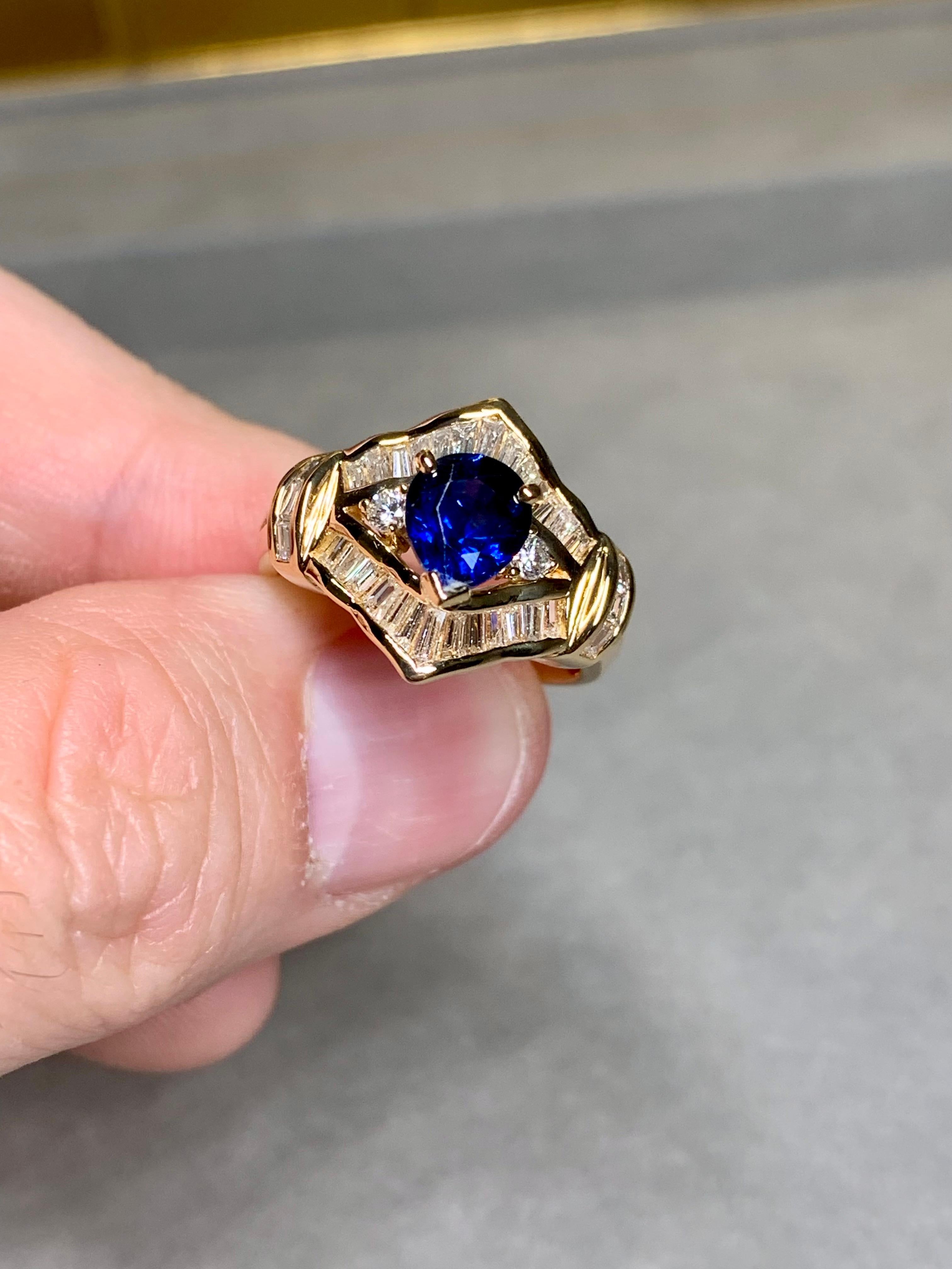 Women's or Men's Estate 18K Pear Sapphire Baguette Round Diamond Cocktail Ring 3.21ctw Sz 7.25 For Sale