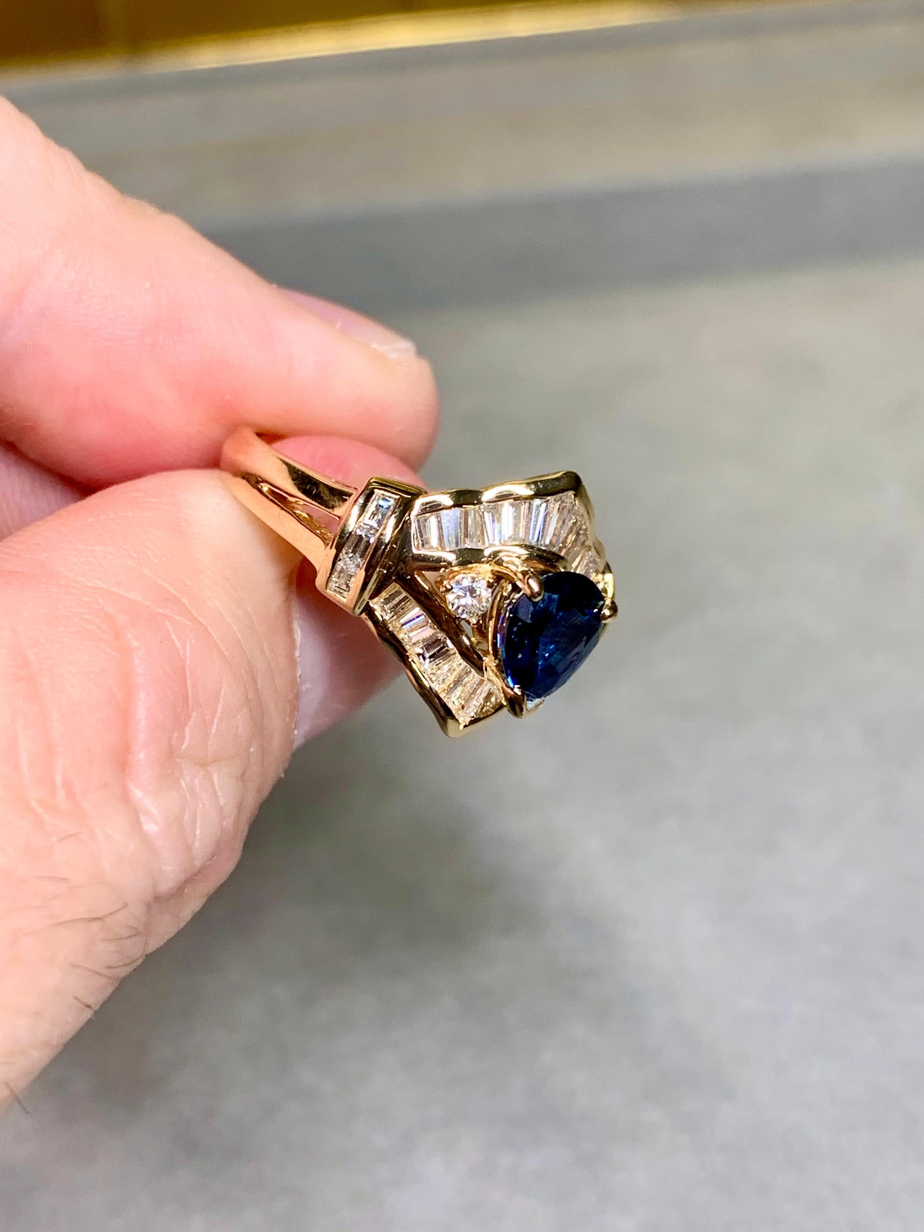 Estate 18K Pear Sapphire Baguette Round Diamond Cocktail Ring 3.21ctw Sz 7.25 For Sale 1