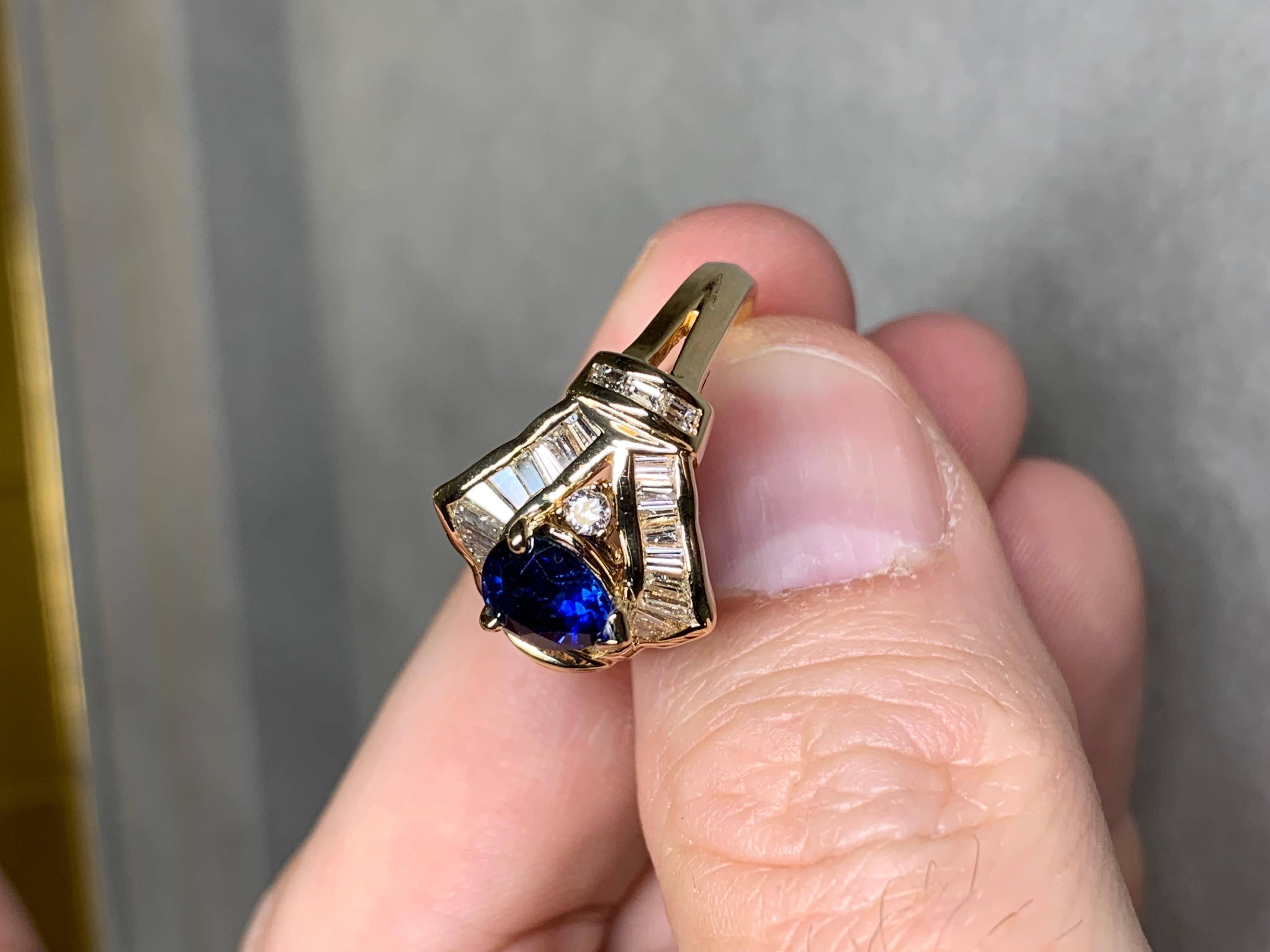 Estate 18K Pear Sapphire Baguette Round Diamond Cocktail Ring 3.21ctw Sz 7.25 For Sale 2